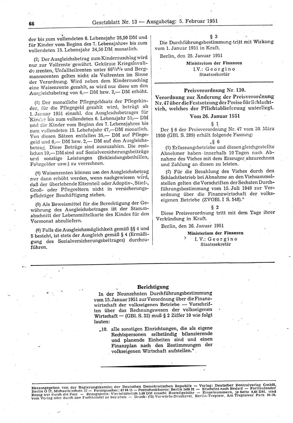 Gesetzblatt (GBl.) der Deutschen Demokratischen Republik (DDR) 1951, Seite 66 (GBl. DDR 1951, S. 66)