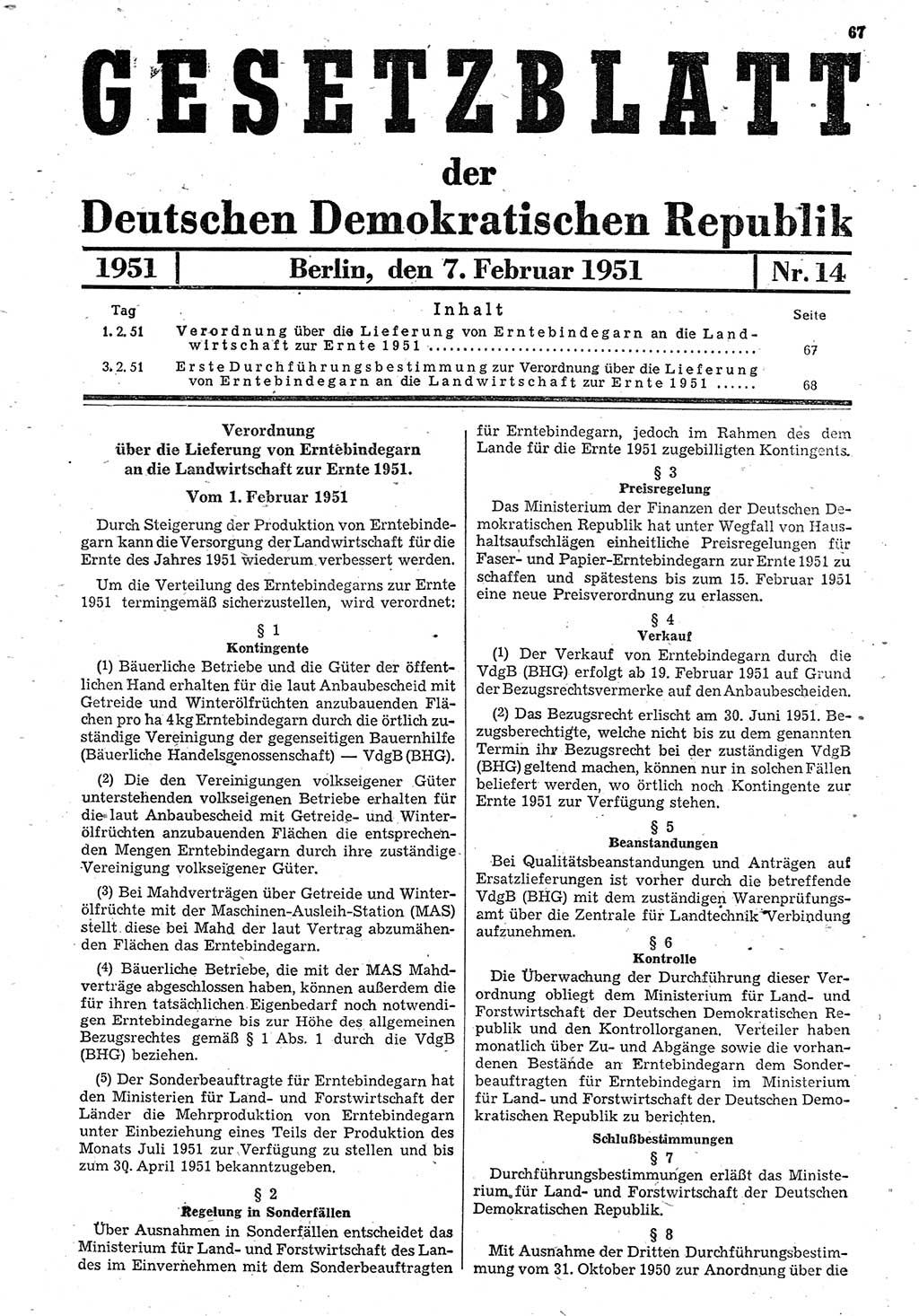 Gesetzblatt (GBl.) der Deutschen Demokratischen Republik (DDR) 1951, Seite 67 (GBl. DDR 1951, S. 67)