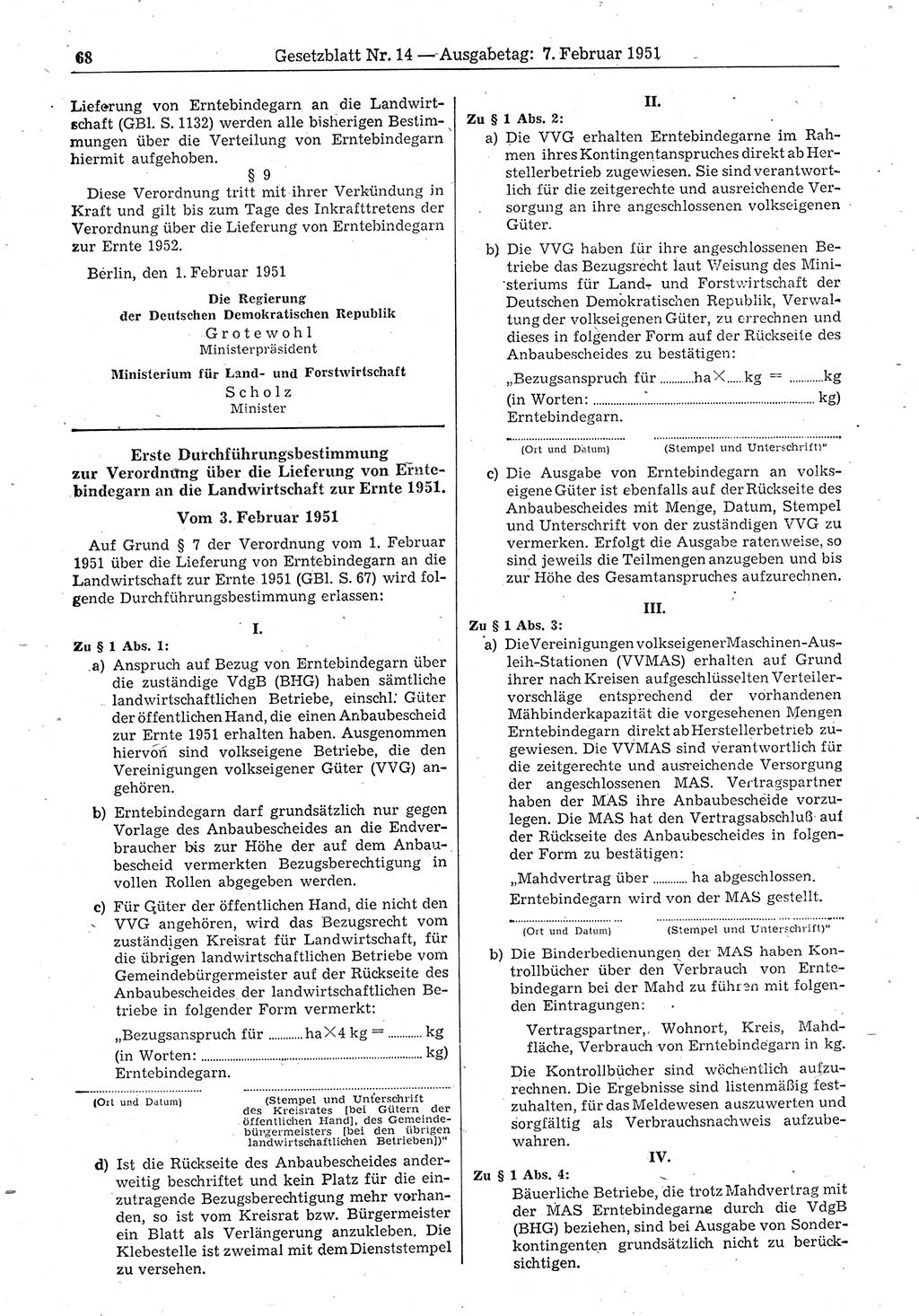 Gesetzblatt (GBl.) der Deutschen Demokratischen Republik (DDR) 1951, Seite 68 (GBl. DDR 1951, S. 68)
