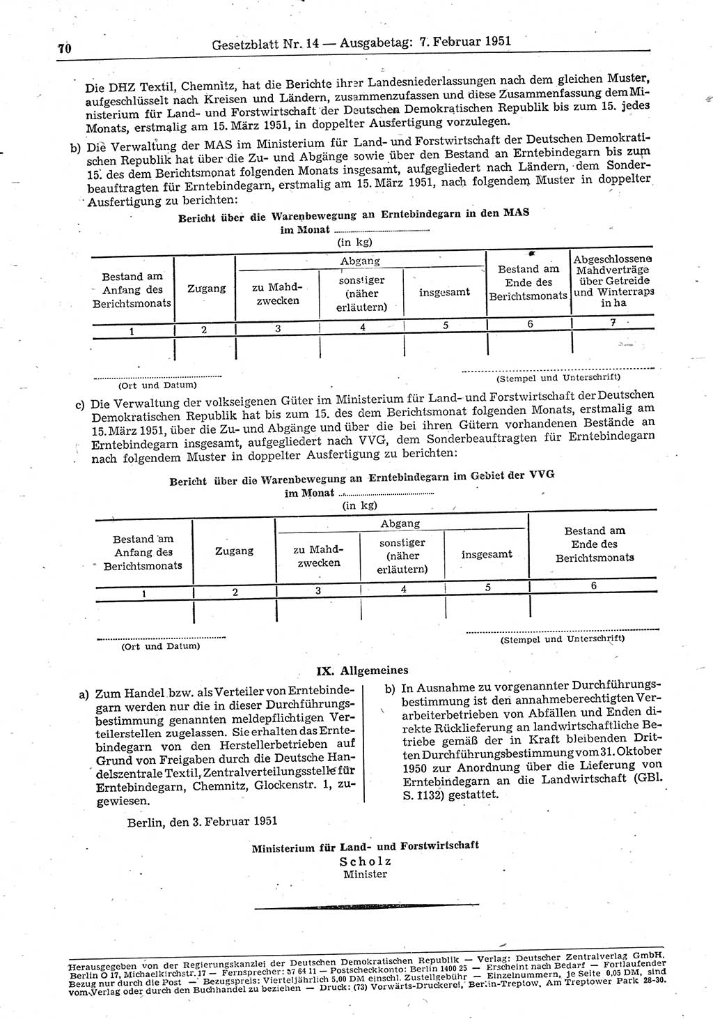 Gesetzblatt (GBl.) der Deutschen Demokratischen Republik (DDR) 1951, Seite 70 (GBl. DDR 1951, S. 70)
