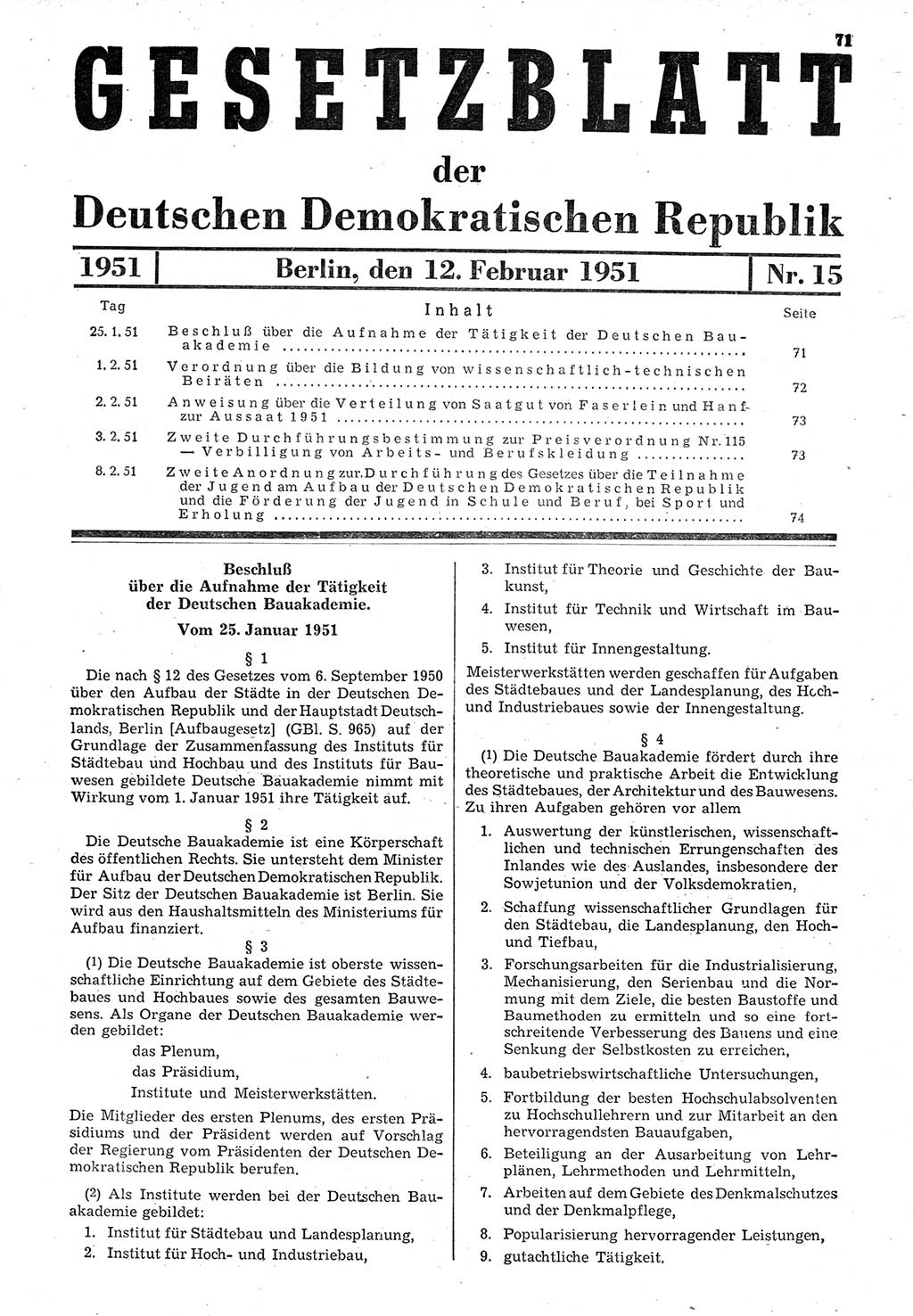 Gesetzblatt (GBl.) der Deutschen Demokratischen Republik (DDR) 1951, Seite 71 (GBl. DDR 1951, S. 71)