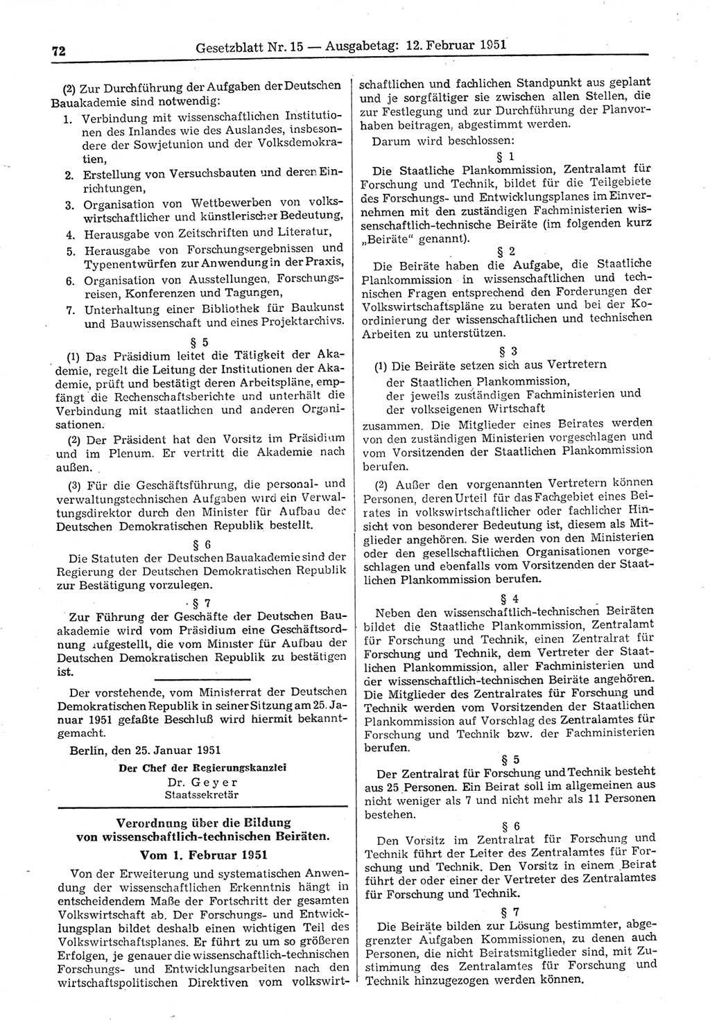Gesetzblatt (GBl.) der Deutschen Demokratischen Republik (DDR) 1951, Seite 72 (GBl. DDR 1951, S. 72)