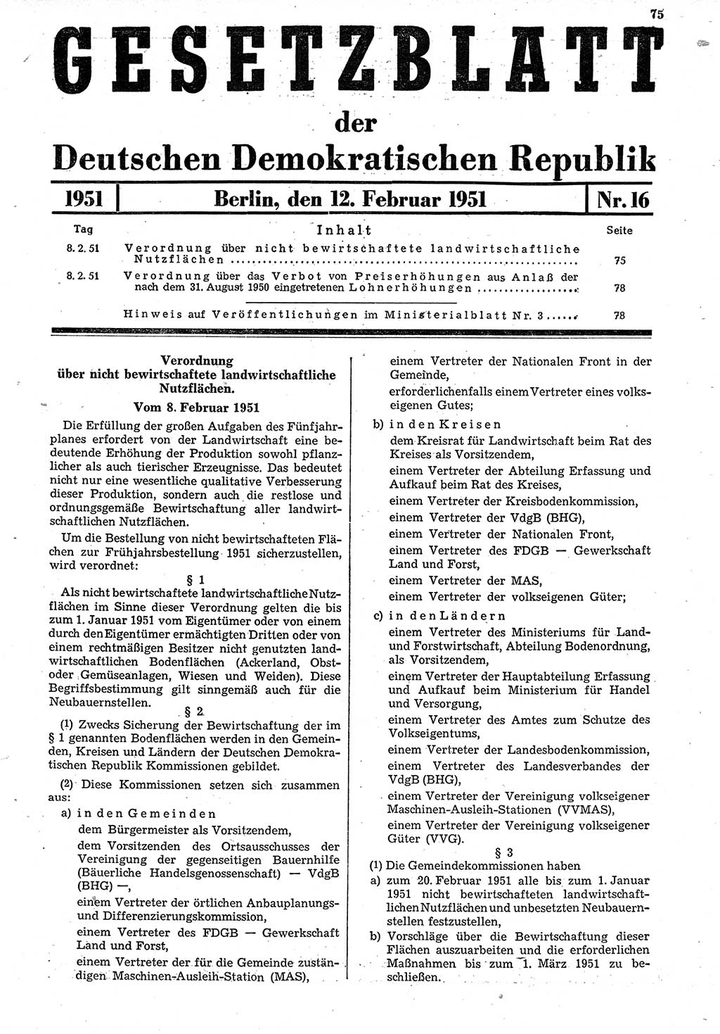 Gesetzblatt (GBl.) der Deutschen Demokratischen Republik (DDR) 1951, Seite 75 (GBl. DDR 1951, S. 75)