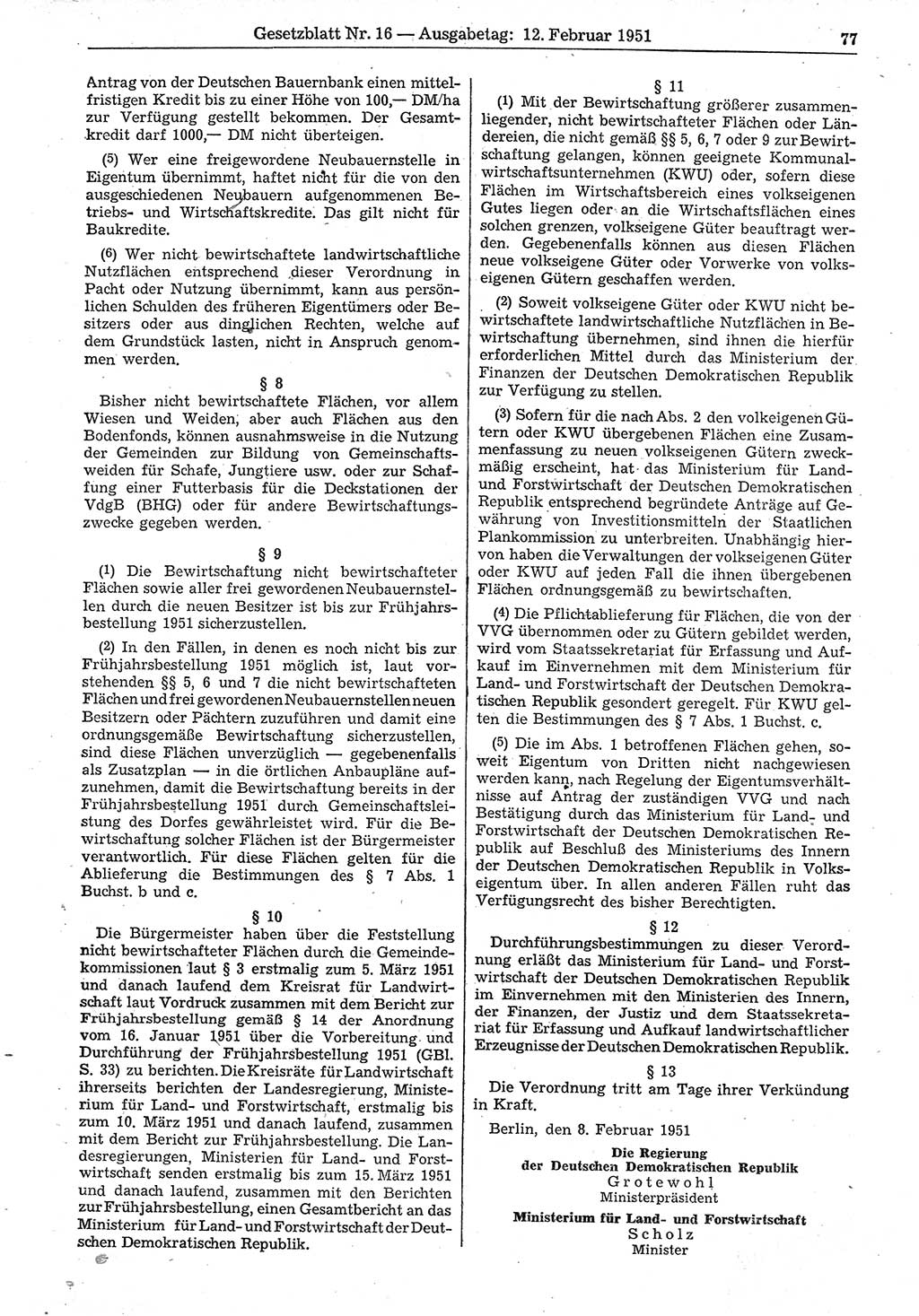 Gesetzblatt (GBl.) der Deutschen Demokratischen Republik (DDR) 1951, Seite 77 (GBl. DDR 1951, S. 77)