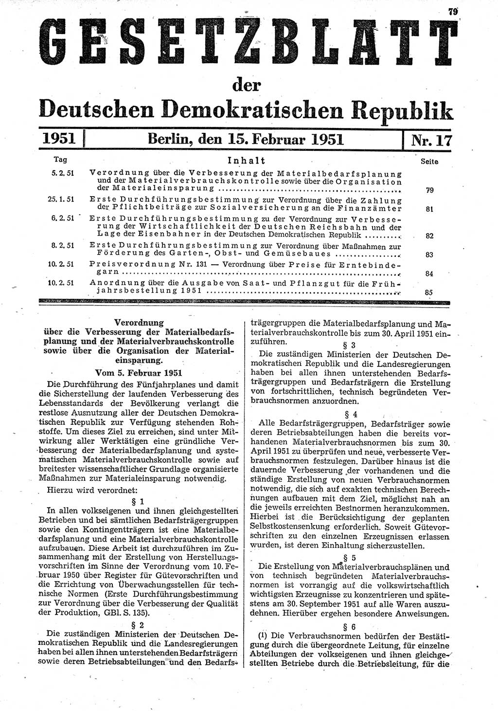 Gesetzblatt (GBl.) der Deutschen Demokratischen Republik (DDR) 1951, Seite 79 (GBl. DDR 1951, S. 79)