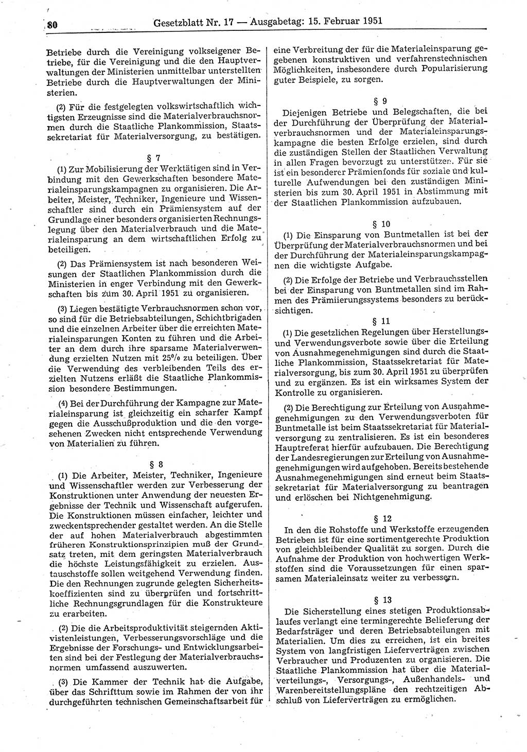Gesetzblatt (GBl.) der Deutschen Demokratischen Republik (DDR) 1951, Seite 80 (GBl. DDR 1951, S. 80)