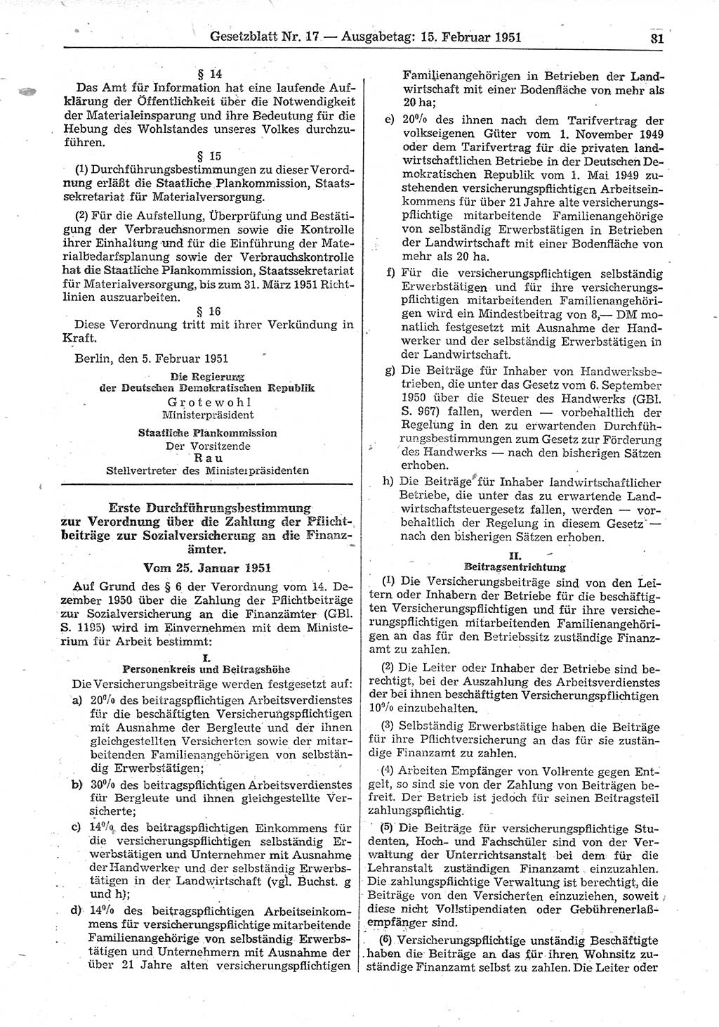 Gesetzblatt (GBl.) der Deutschen Demokratischen Republik (DDR) 1951, Seite 81 (GBl. DDR 1951, S. 81)