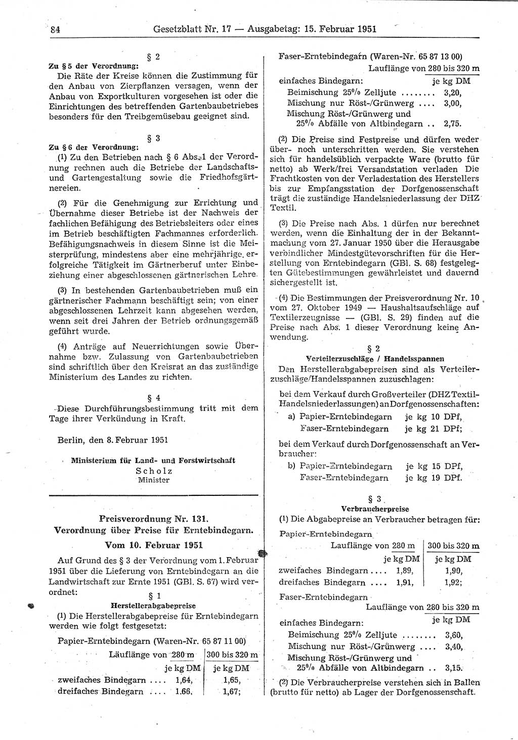 Gesetzblatt (GBl.) der Deutschen Demokratischen Republik (DDR) 1951, Seite 84 (GBl. DDR 1951, S. 84)