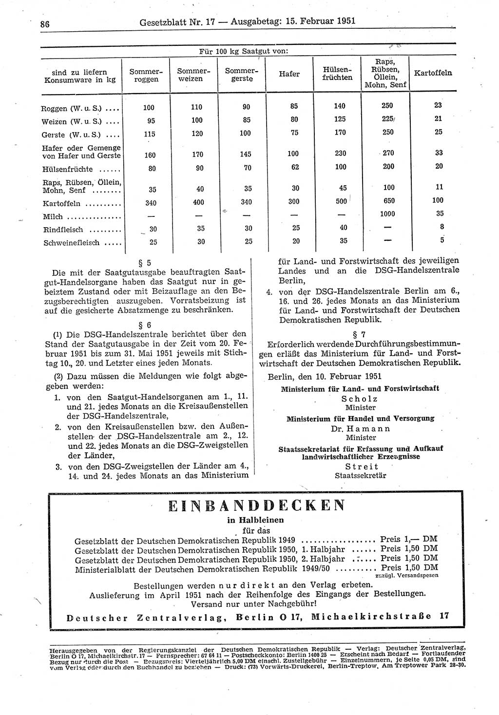 Gesetzblatt (GBl.) der Deutschen Demokratischen Republik (DDR) 1951, Seite 86 (GBl. DDR 1951, S. 86)