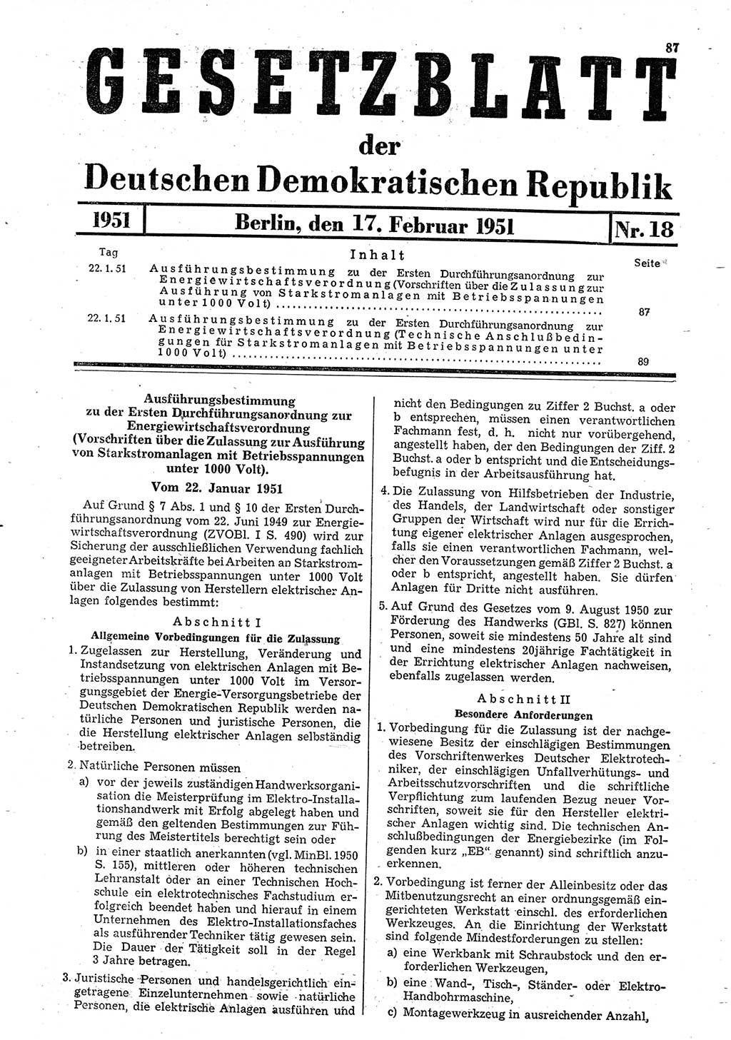Gesetzblatt (GBl.) der Deutschen Demokratischen Republik (DDR) 1951, Seite 87 (GBl. DDR 1951, S. 87)