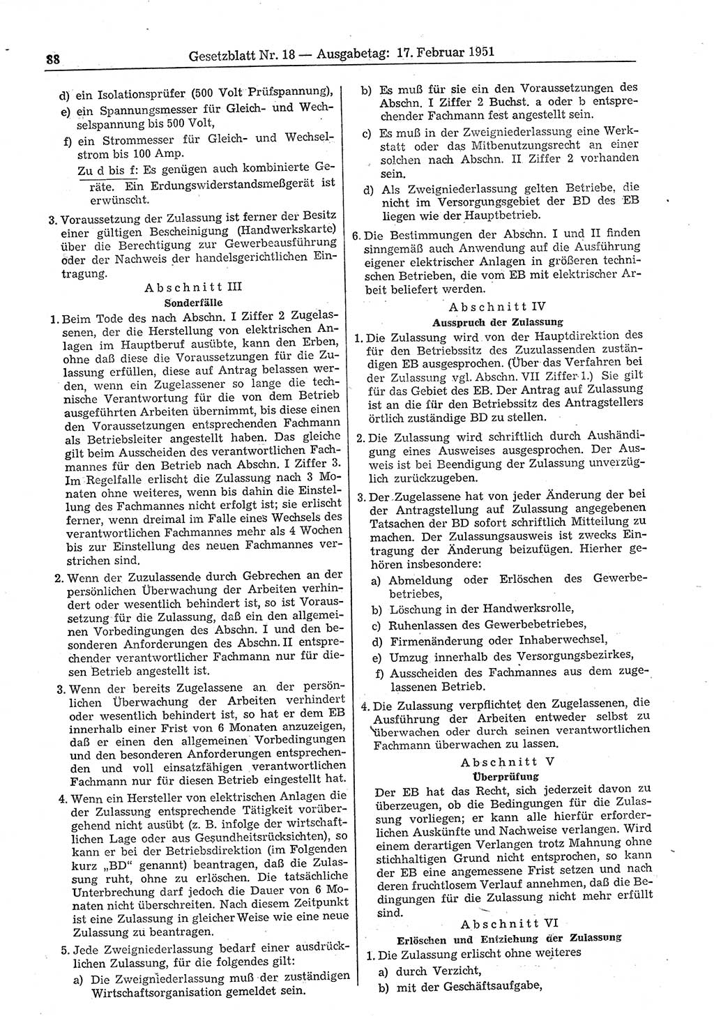 Gesetzblatt (GBl.) der Deutschen Demokratischen Republik (DDR) 1951, Seite 88 (GBl. DDR 1951, S. 88)