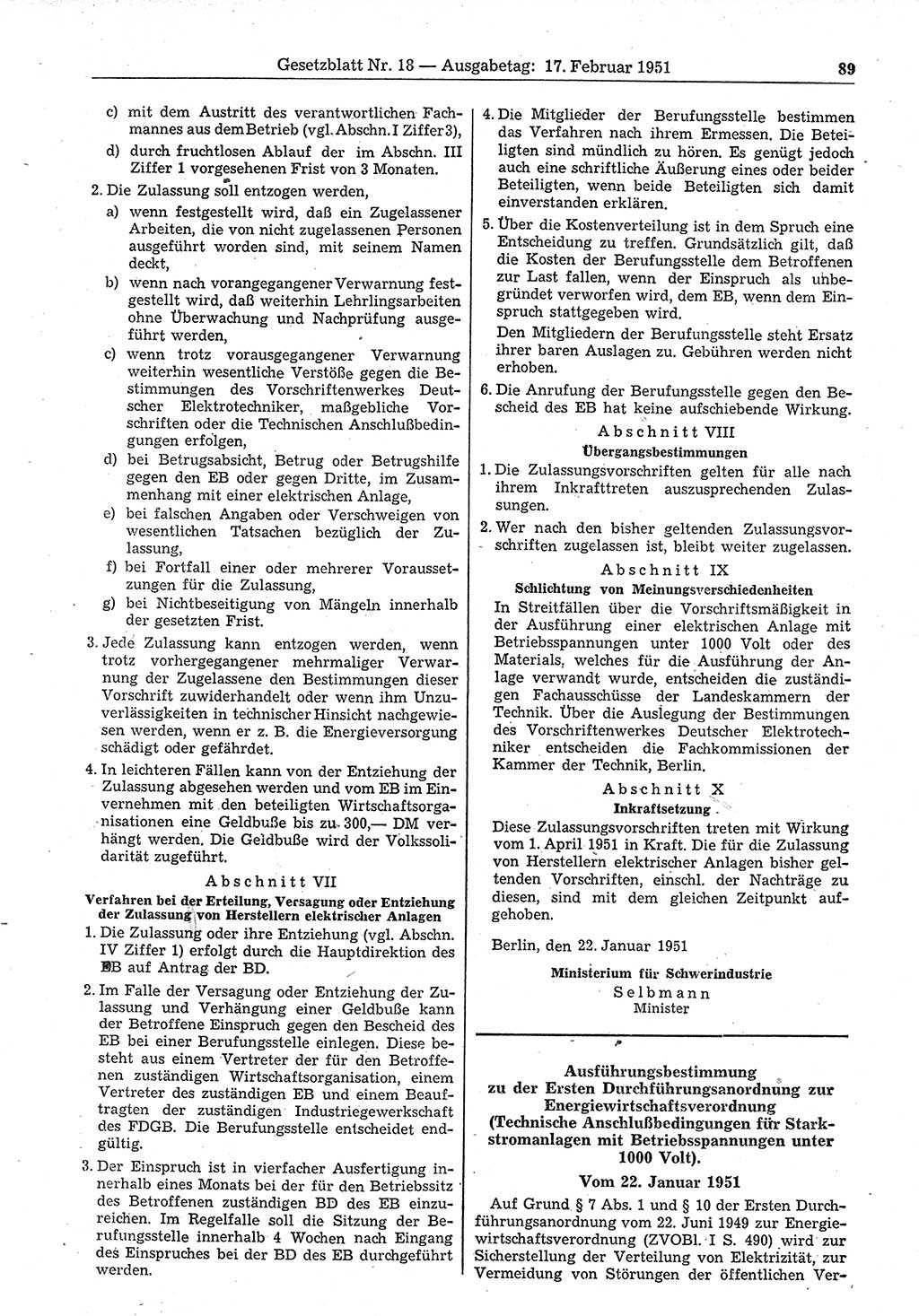 Gesetzblatt (GBl.) der Deutschen Demokratischen Republik (DDR) 1951, Seite 89 (GBl. DDR 1951, S. 89)