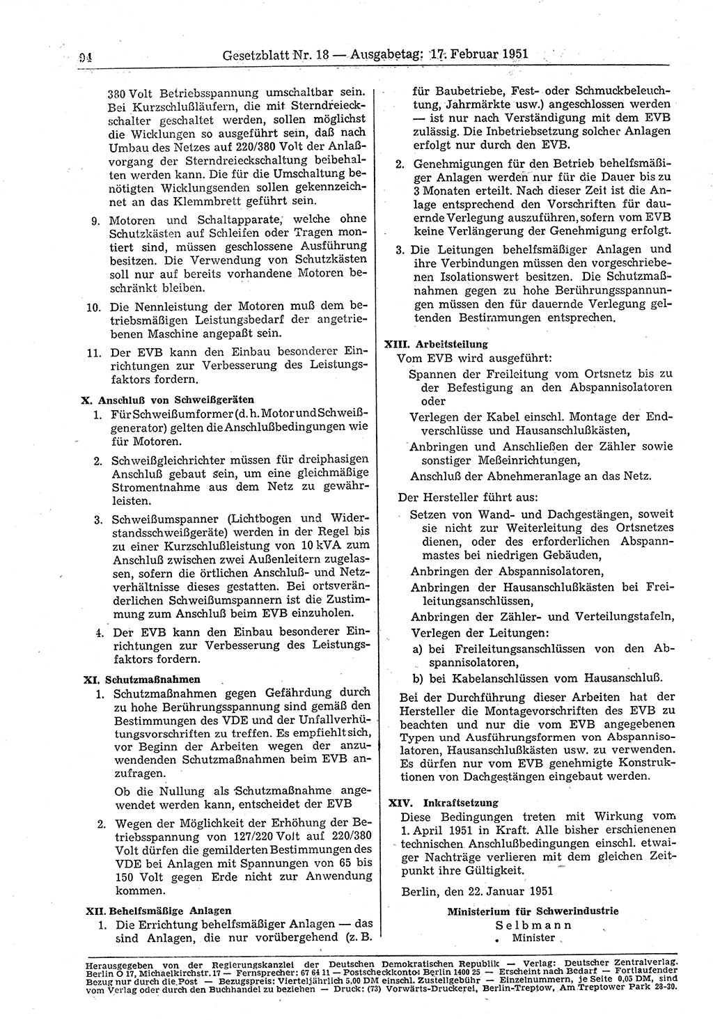 Gesetzblatt (GBl.) der Deutschen Demokratischen Republik (DDR) 1951, Seite 94 (GBl. DDR 1951, S. 94)