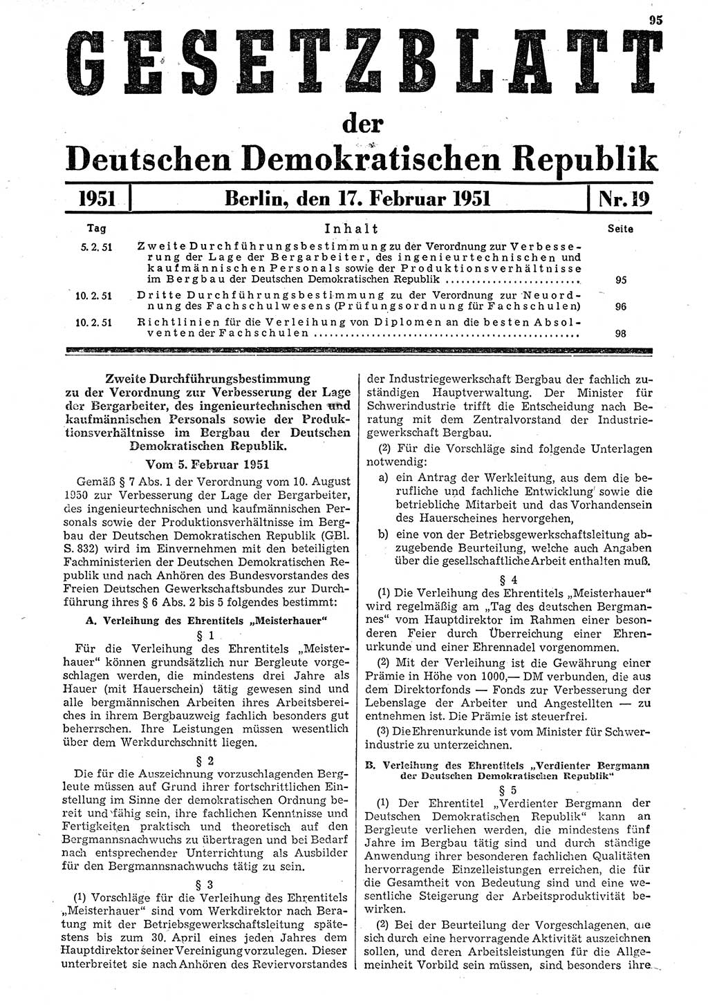 Gesetzblatt (GBl.) der Deutschen Demokratischen Republik (DDR) 1951, Seite 95 (GBl. DDR 1951, S. 95)