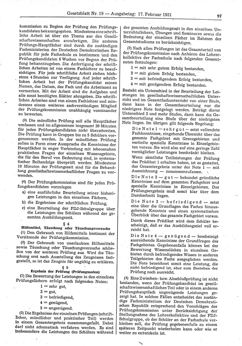 Gesetzblatt (GBl.) der Deutschen Demokratischen Republik (DDR) 1951, Seite 97 (GBl. DDR 1951, S. 97)