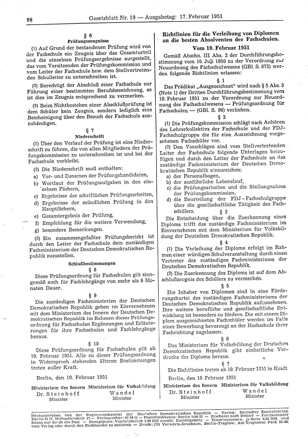 Gesetzblatt (GBl.) der Deutschen Demokratischen Republik (DDR) 1951, Seite 98 (GBl. DDR 1951, S. 98)