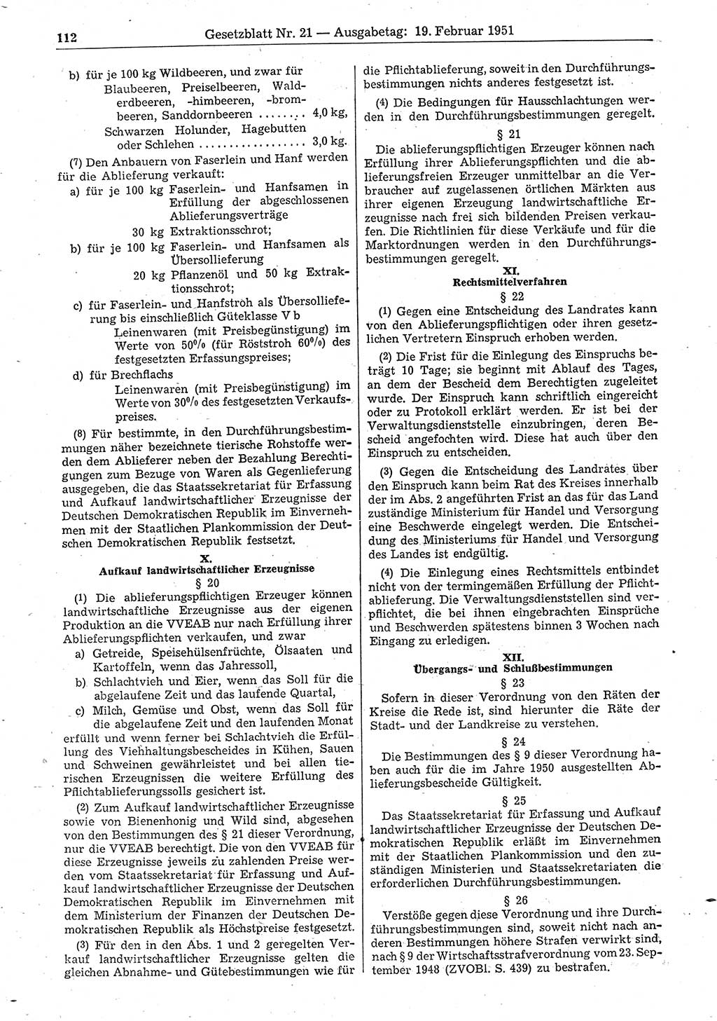 Gesetzblatt (GBl.) der Deutschen Demokratischen Republik (DDR) 1951, Seite 112 (GBl. DDR 1951, S. 112)