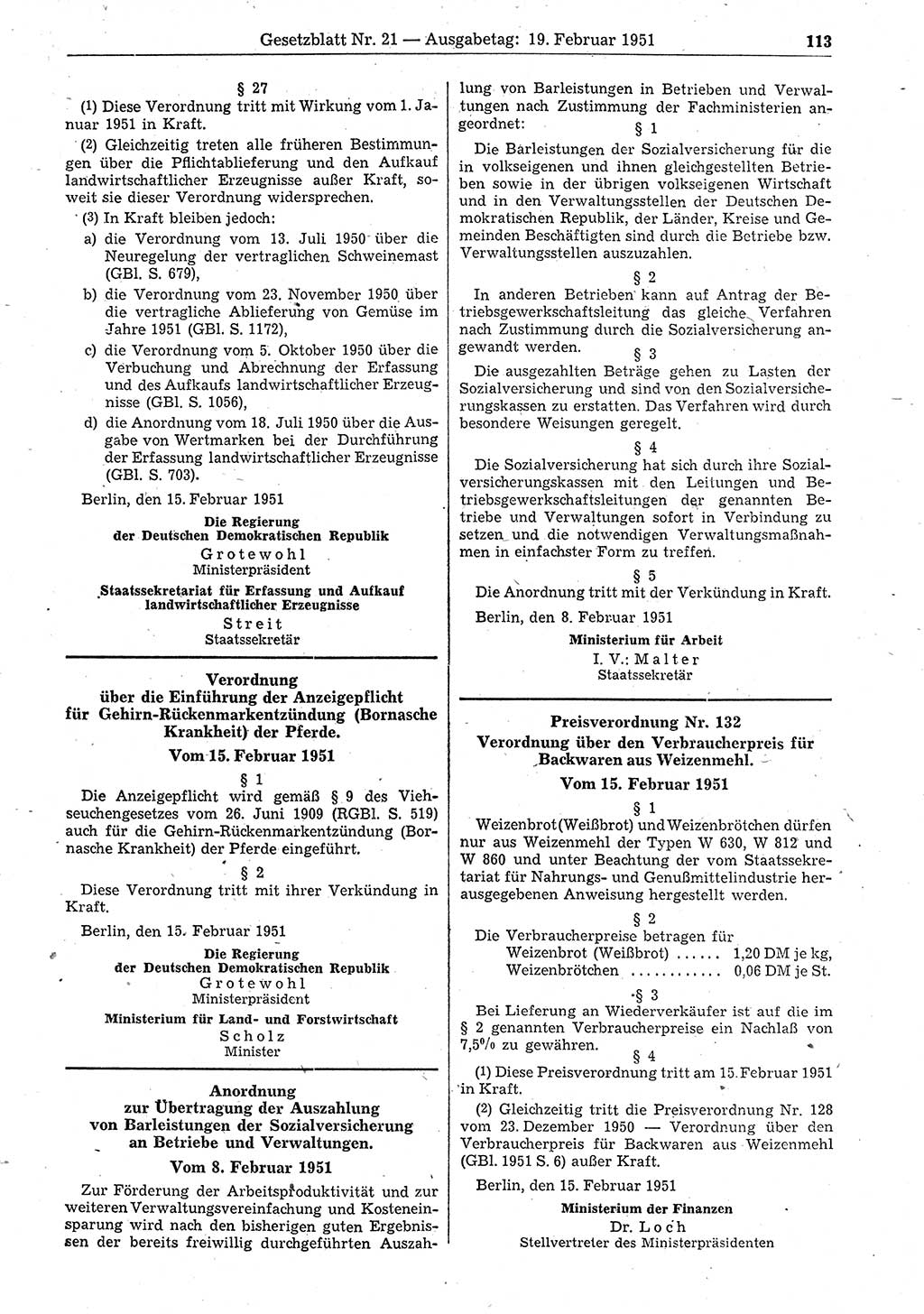 Gesetzblatt (GBl.) der Deutschen Demokratischen Republik (DDR) 1951, Seite 113 (GBl. DDR 1951, S. 113)