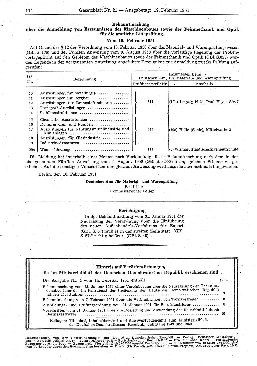 Gesetzblatt (GBl.) der Deutschen Demokratischen Republik (DDR) 1951, Seite 114 (GBl. DDR 1951, S. 114)