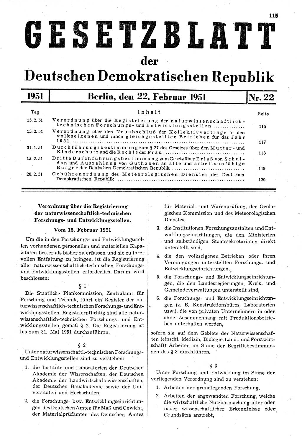 Gesetzblatt (GBl.) der Deutschen Demokratischen Republik (DDR) 1951, Seite 115 (GBl. DDR 1951, S. 115)
