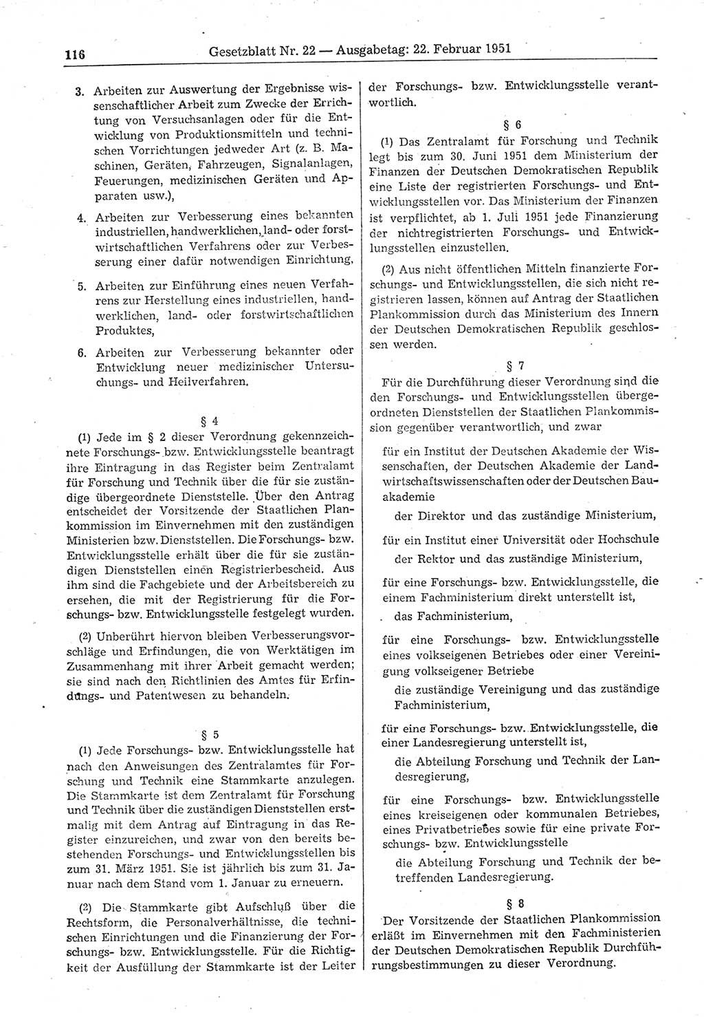 Gesetzblatt (GBl.) der Deutschen Demokratischen Republik (DDR) 1951, Seite 116 (GBl. DDR 1951, S. 116)