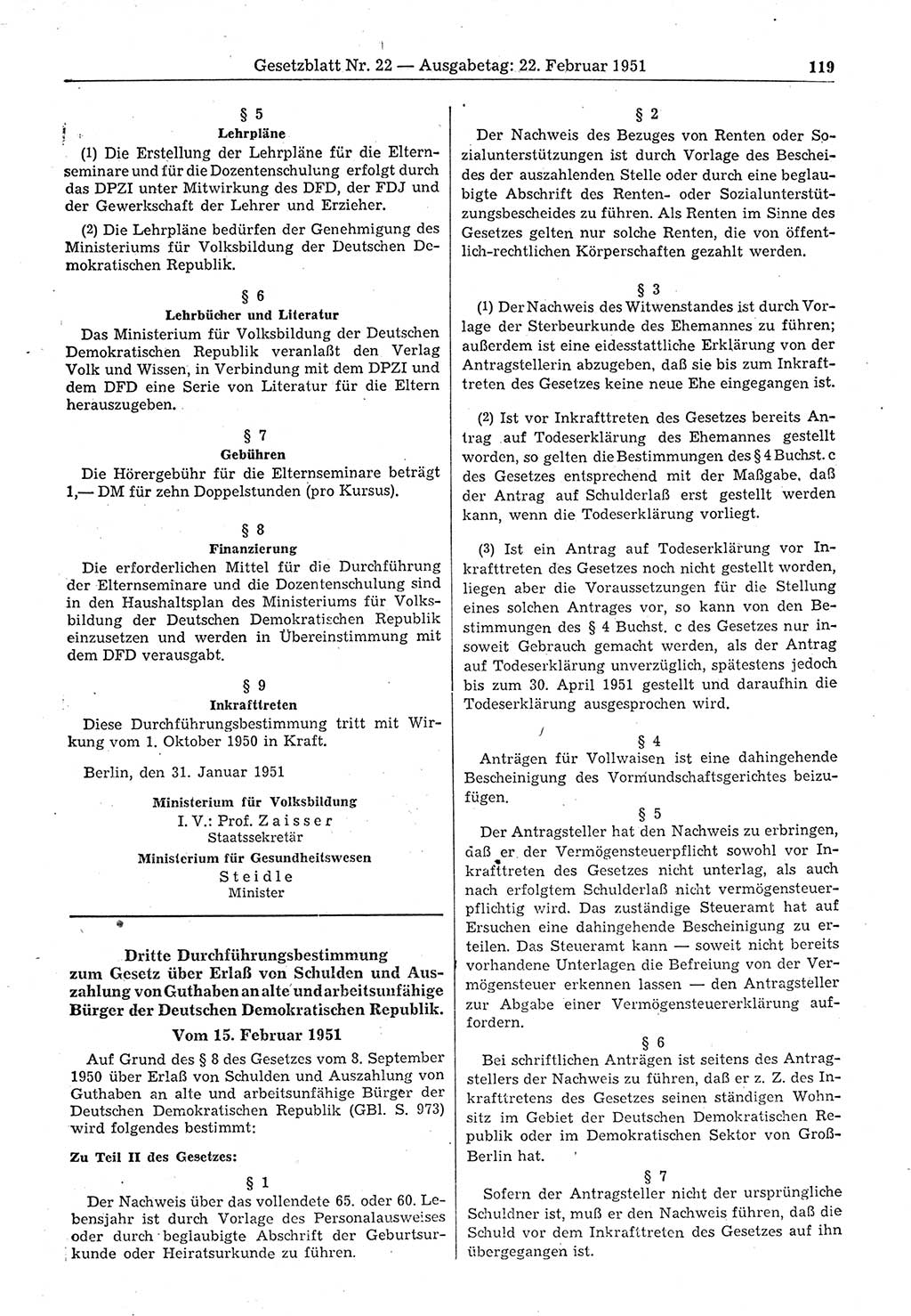 Gesetzblatt (GBl.) der Deutschen Demokratischen Republik (DDR) 1951, Seite 119 (GBl. DDR 1951, S. 119)