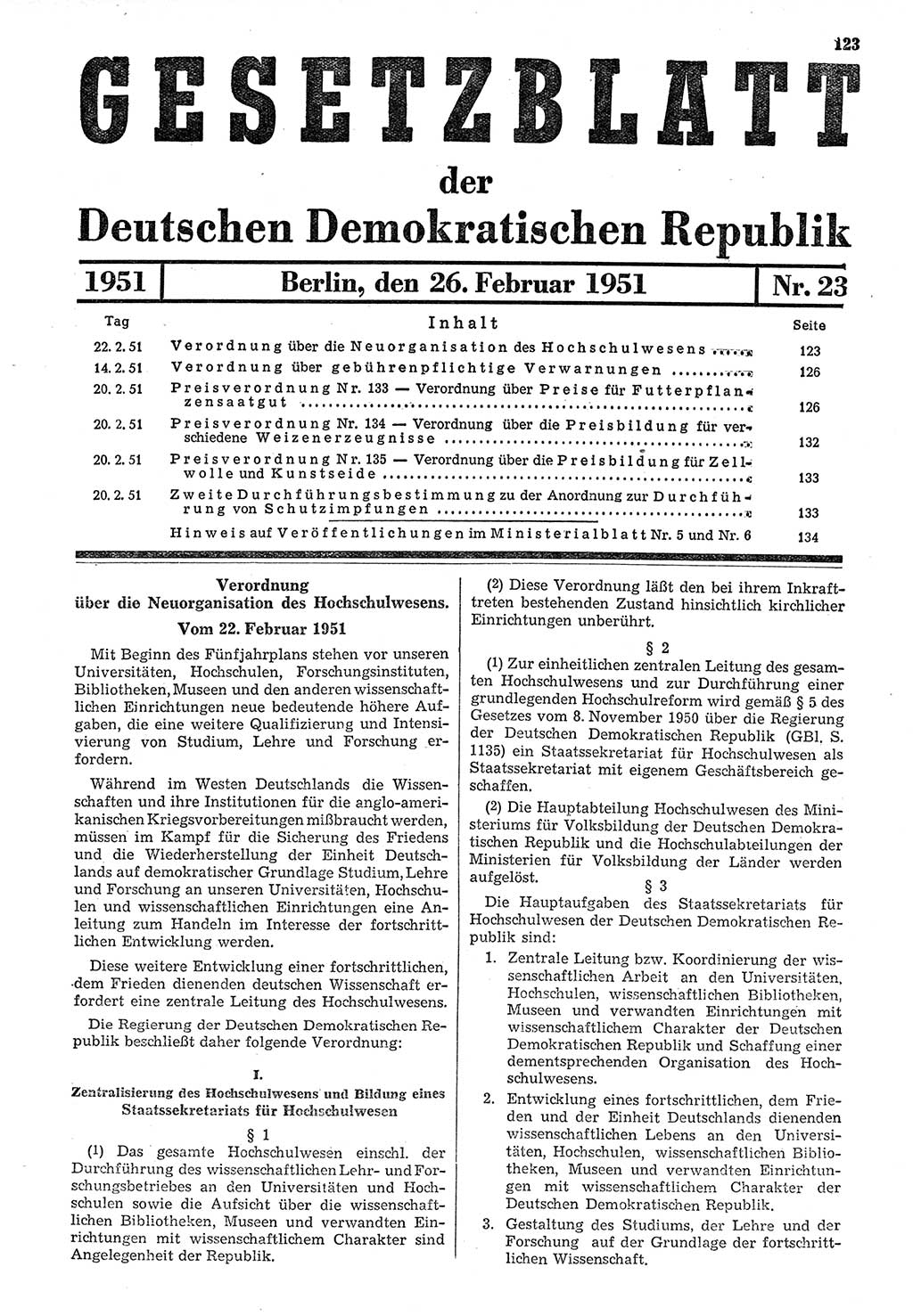 Gesetzblatt (GBl.) der Deutschen Demokratischen Republik (DDR) 1951, Seite 123 (GBl. DDR 1951, S. 123)