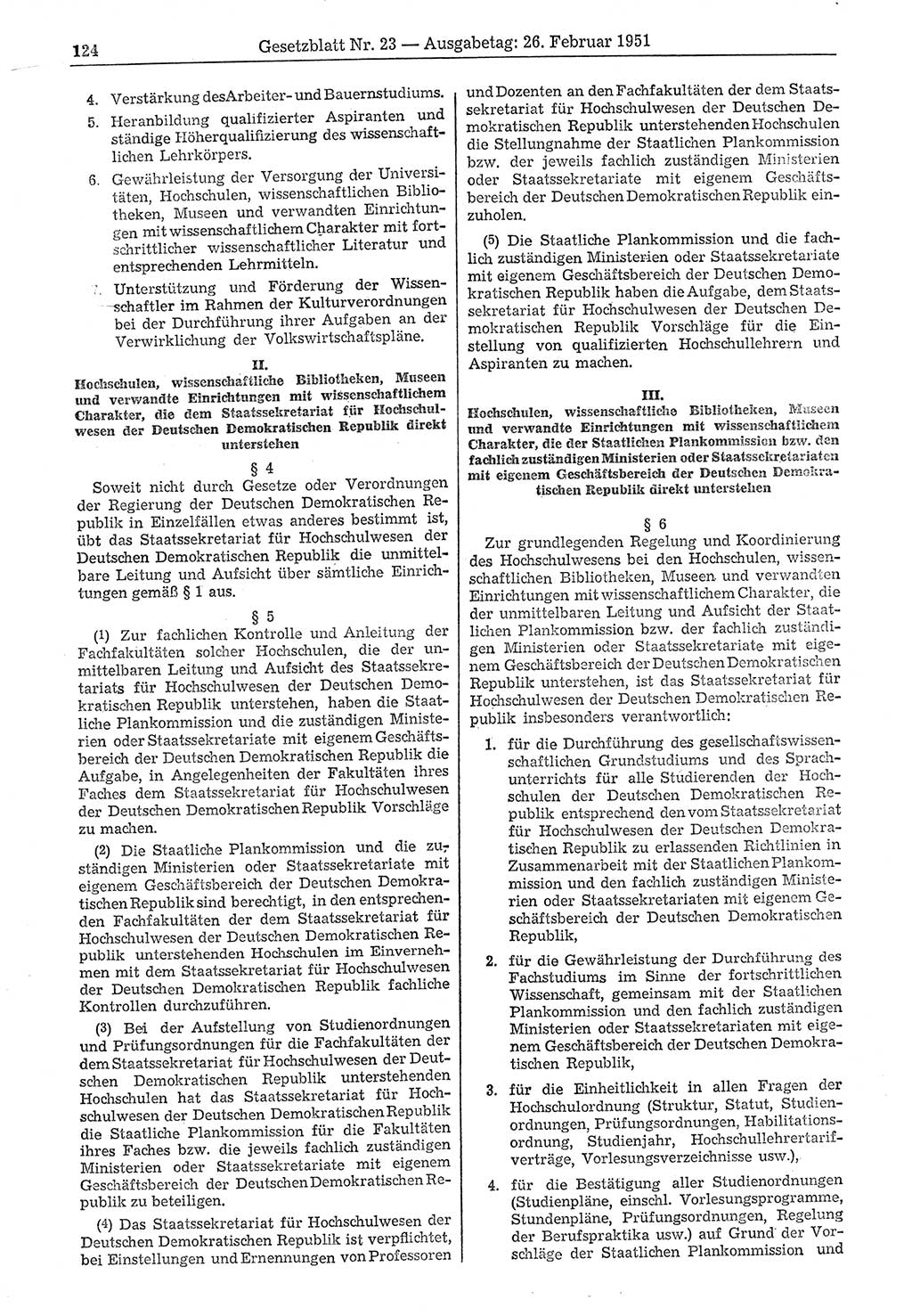 Gesetzblatt (GBl.) der Deutschen Demokratischen Republik (DDR) 1951, Seite 124 (GBl. DDR 1951, S. 124)