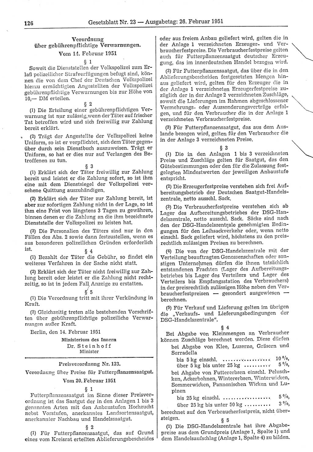 Gesetzblatt (GBl.) der Deutschen Demokratischen Republik (DDR) 1951, Seite 126 (GBl. DDR 1951, S. 126)