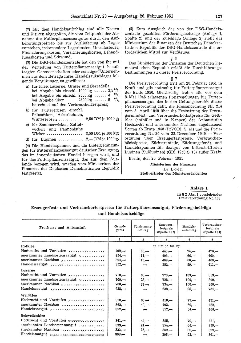 Gesetzblatt (GBl.) der Deutschen Demokratischen Republik (DDR) 1951, Seite 127 (GBl. DDR 1951, S. 127)