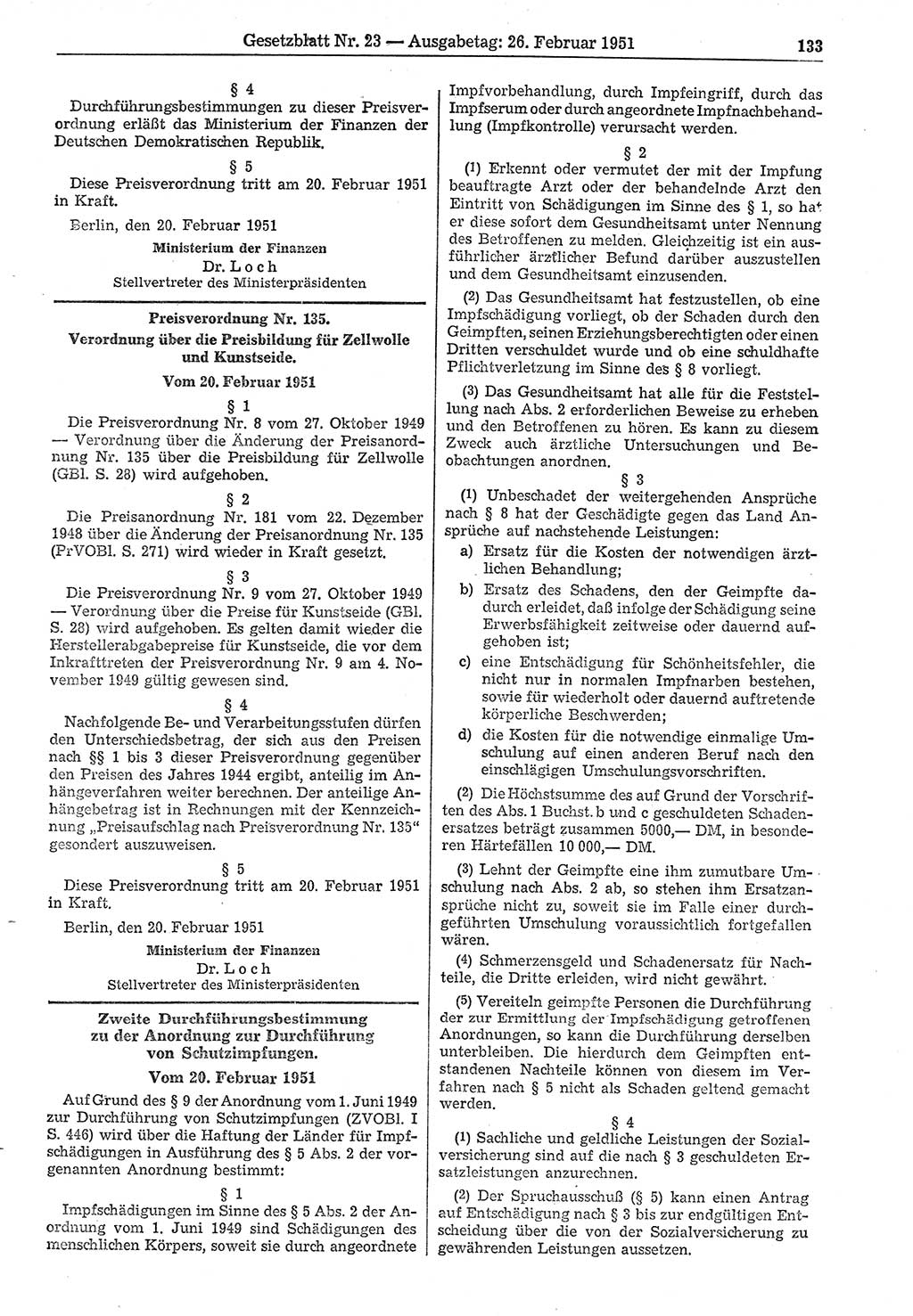 Gesetzblatt (GBl.) der Deutschen Demokratischen Republik (DDR) 1951, Seite 133 (GBl. DDR 1951, S. 133)