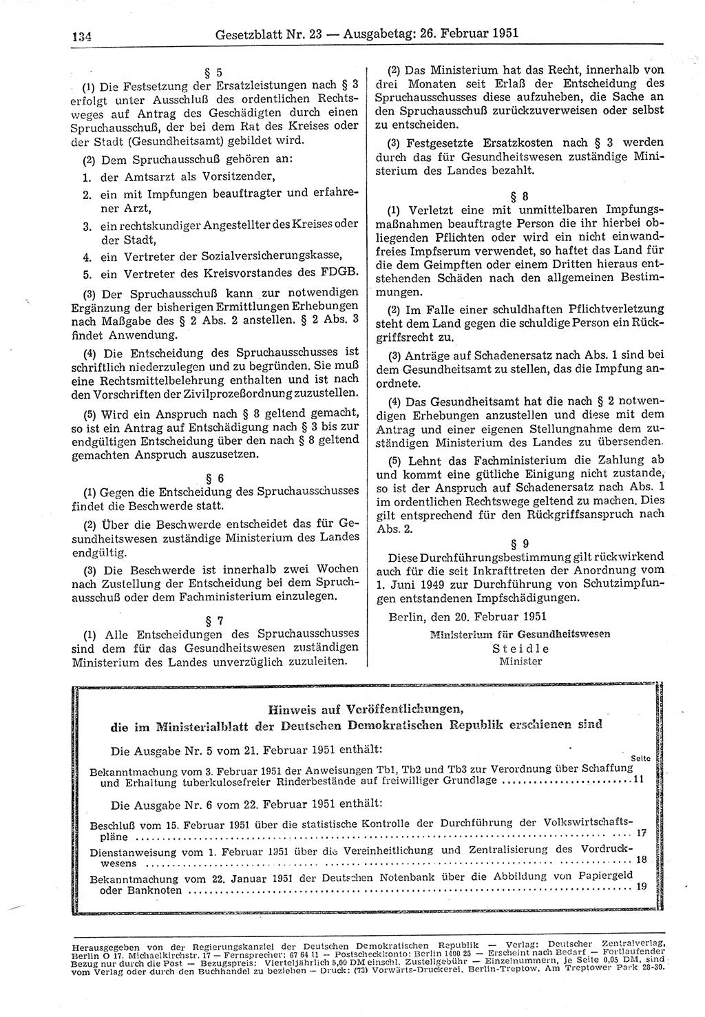 Gesetzblatt (GBl.) der Deutschen Demokratischen Republik (DDR) 1951, Seite 134 (GBl. DDR 1951, S. 134)