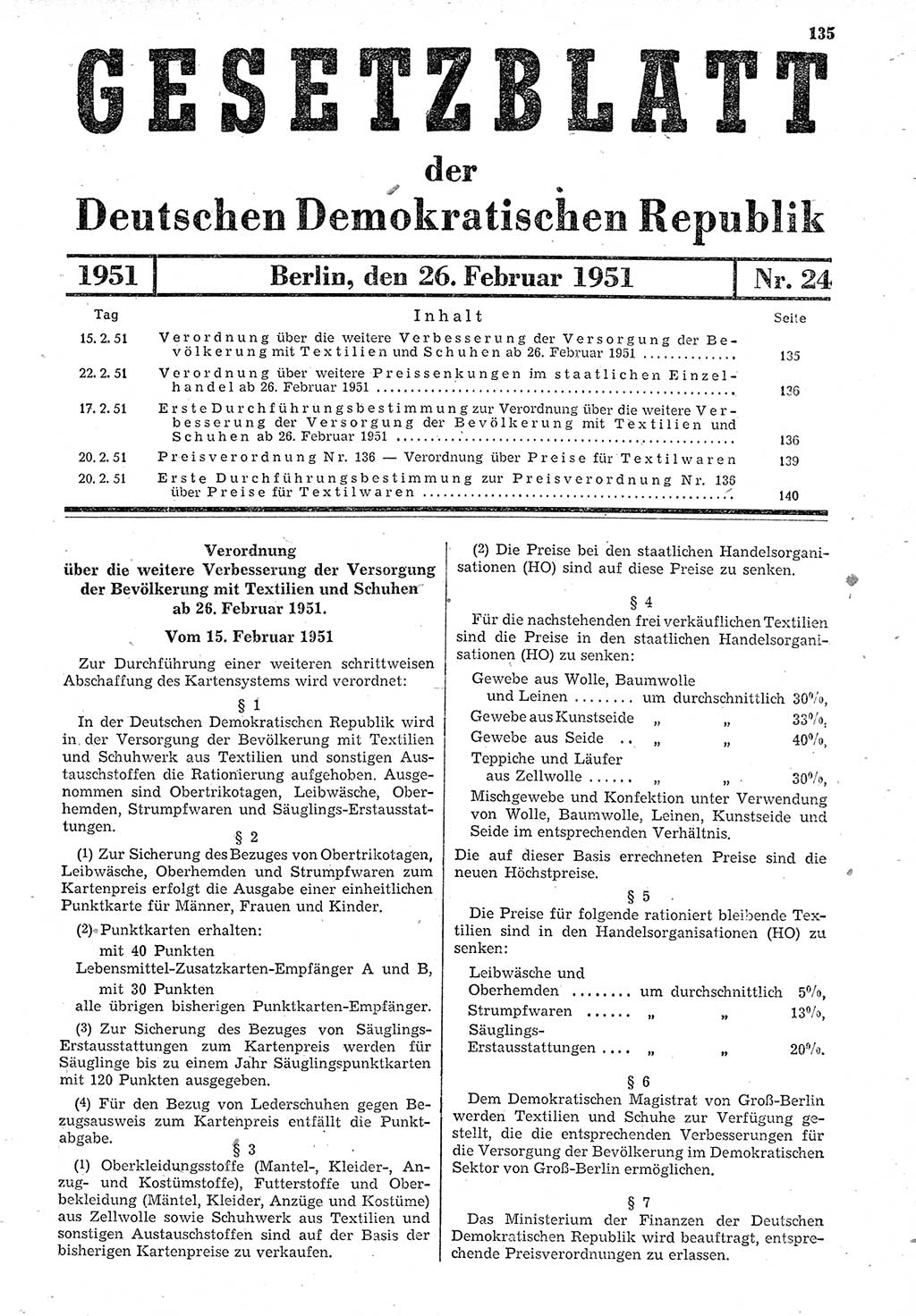 Gesetzblatt (GBl.) der Deutschen Demokratischen Republik (DDR) 1951, Seite 135 (GBl. DDR 1951, S. 135)