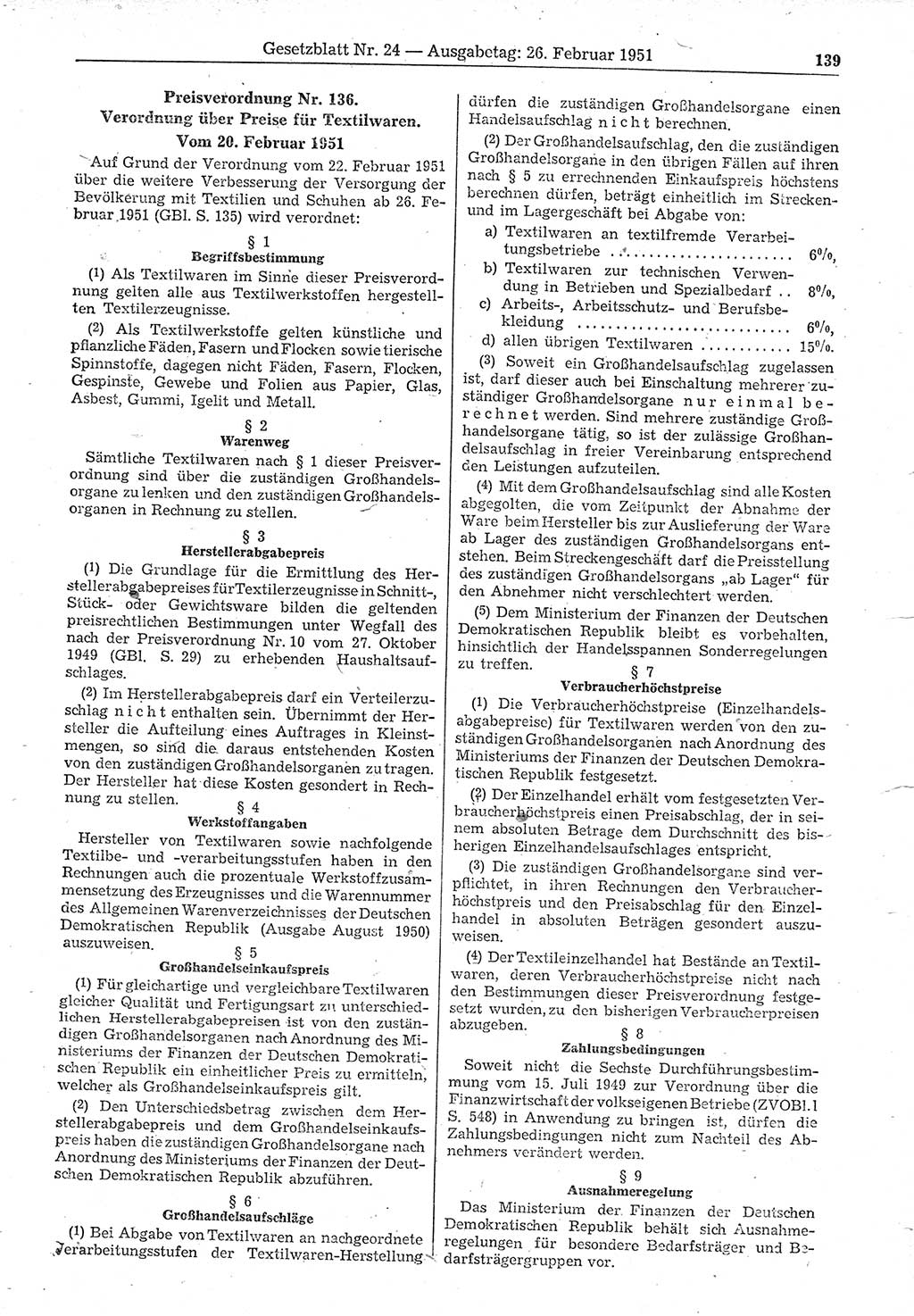 Gesetzblatt (GBl.) der Deutschen Demokratischen Republik (DDR) 1951, Seite 139 (GBl. DDR 1951, S. 139)