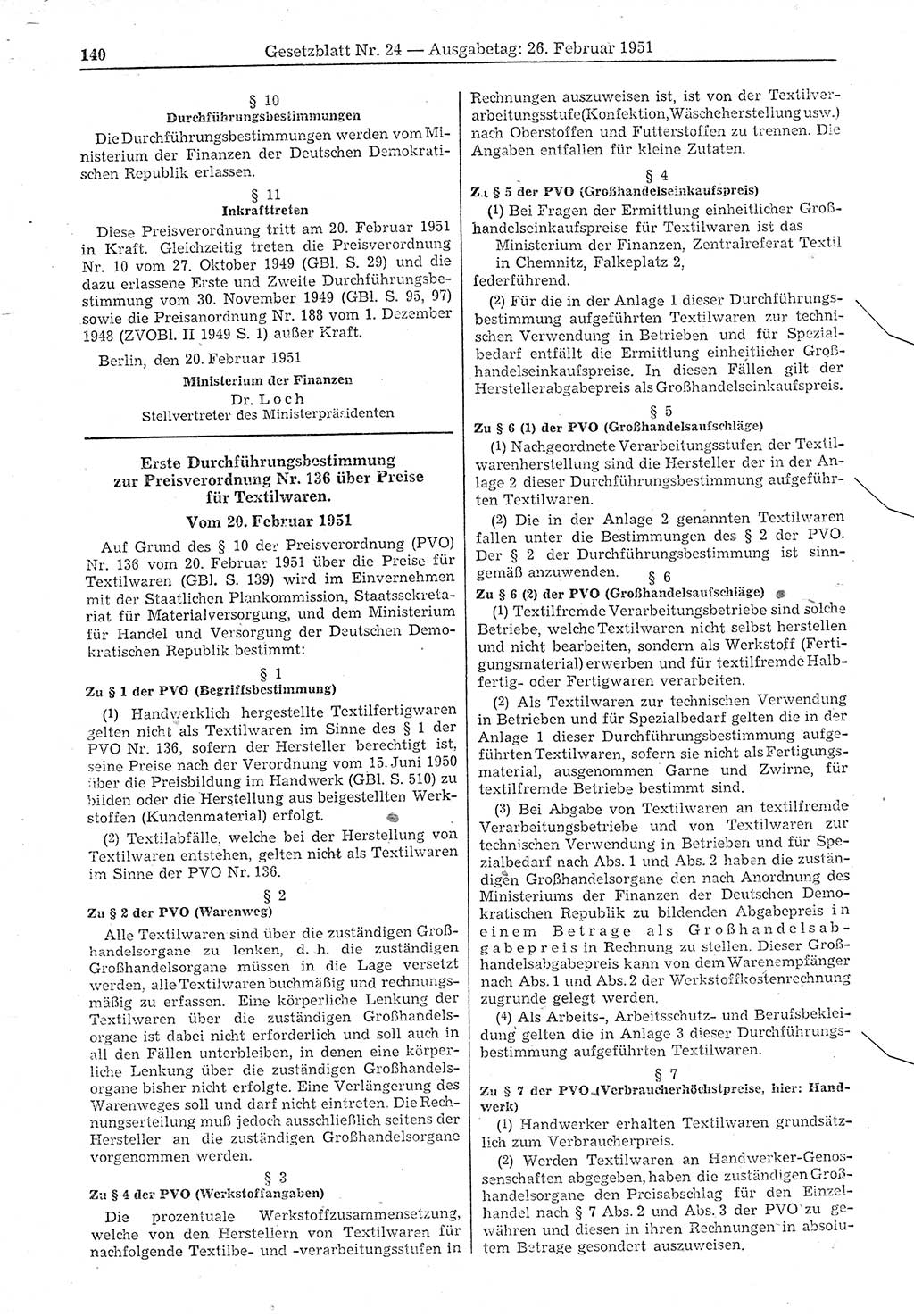 Gesetzblatt (GBl.) der Deutschen Demokratischen Republik (DDR) 1951, Seite 140 (GBl. DDR 1951, S. 140)
