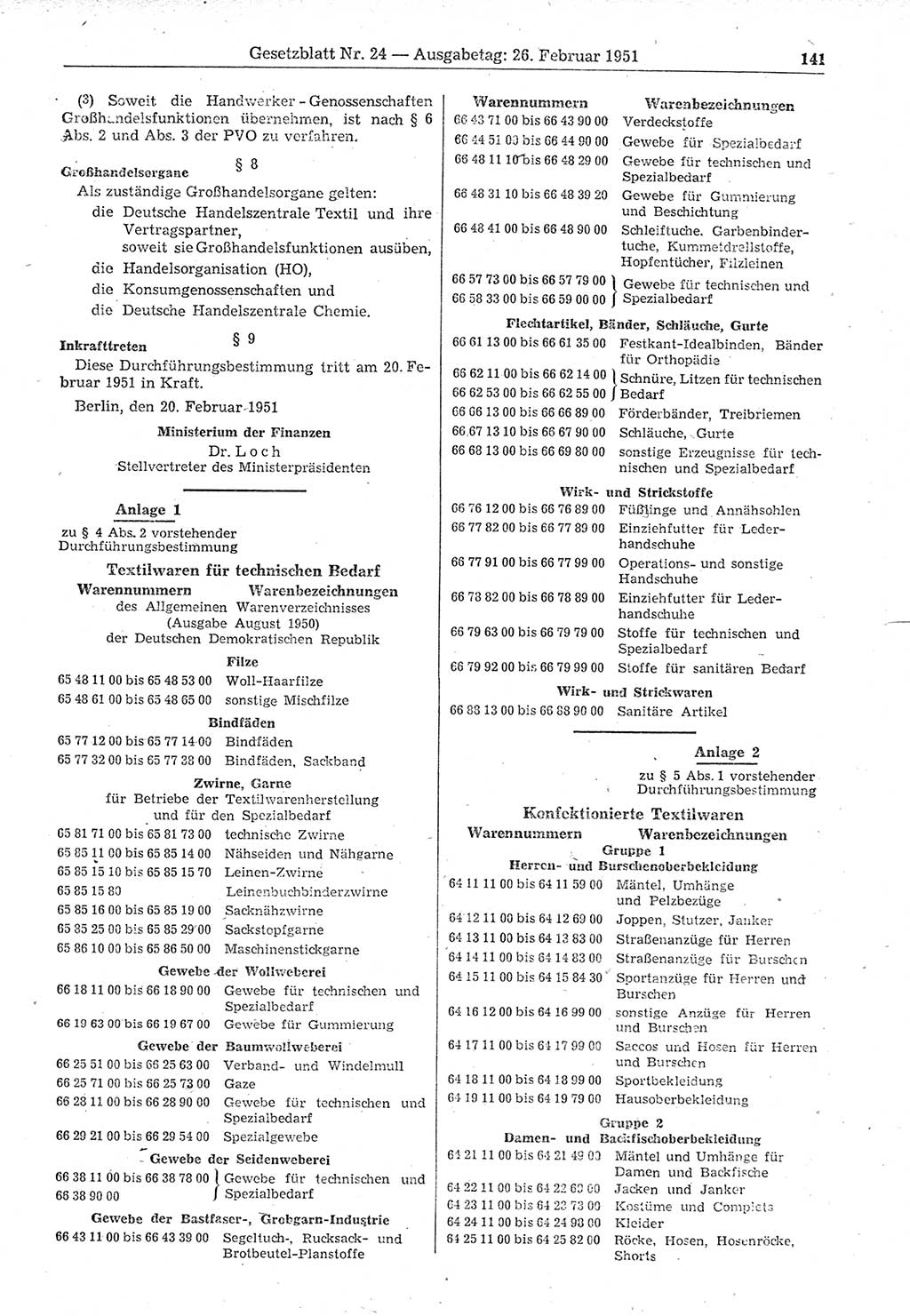 Gesetzblatt (GBl.) der Deutschen Demokratischen Republik (DDR) 1951, Seite 141 (GBl. DDR 1951, S. 141)