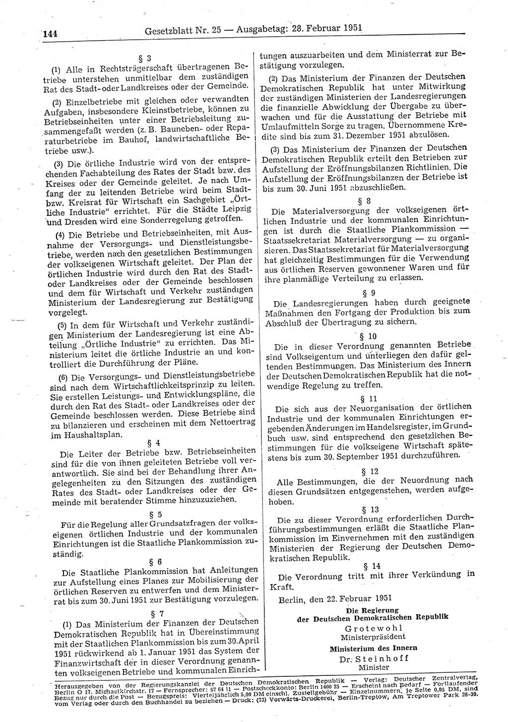 Gesetzblatt (GBl.) der Deutschen Demokratischen Republik (DDR) 1951, Seite 144 (GBl. DDR 1951, S. 144)