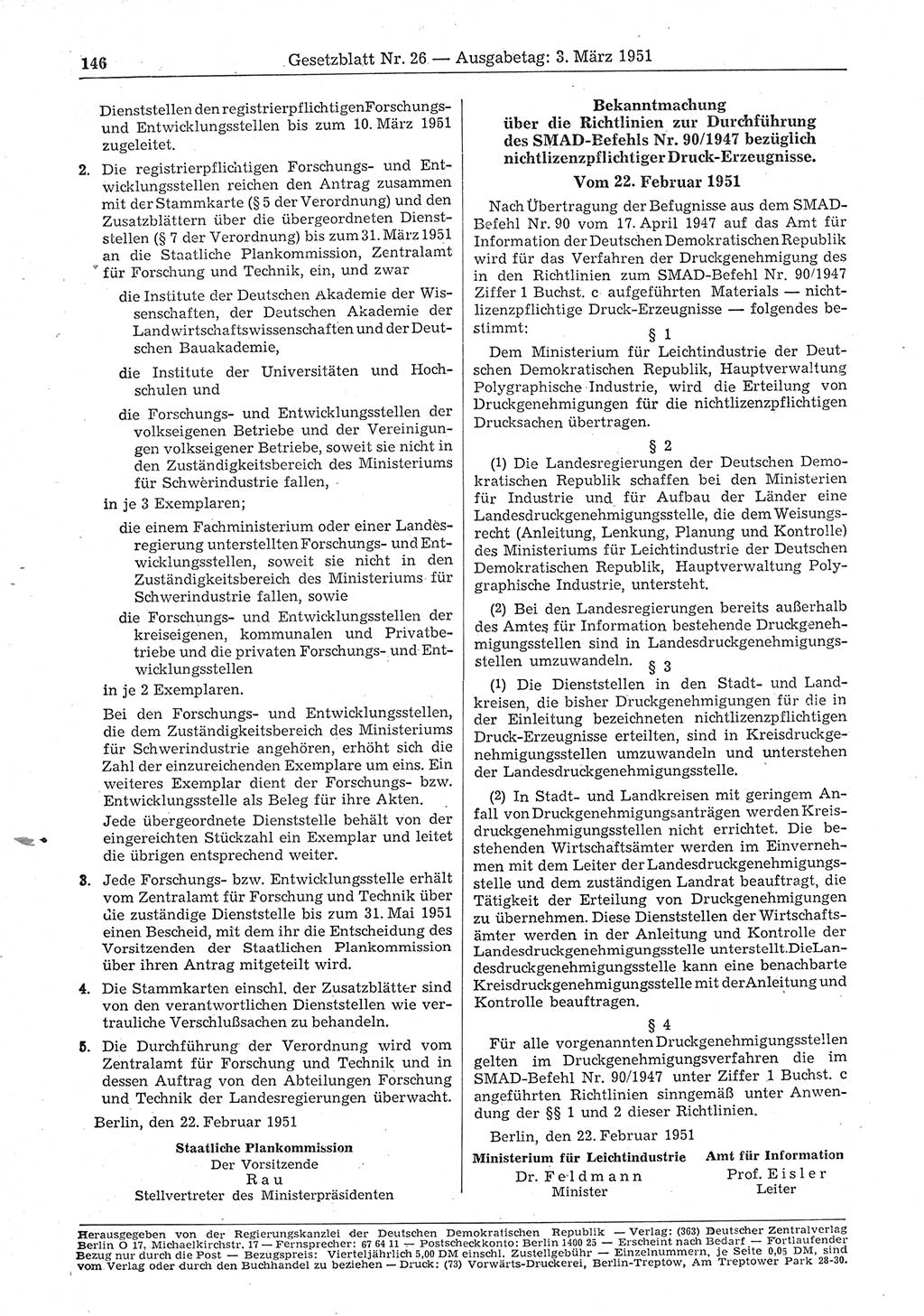 Gesetzblatt (GBl.) der Deutschen Demokratischen Republik (DDR) 1951, Seite 146 (GBl. DDR 1951, S. 146)