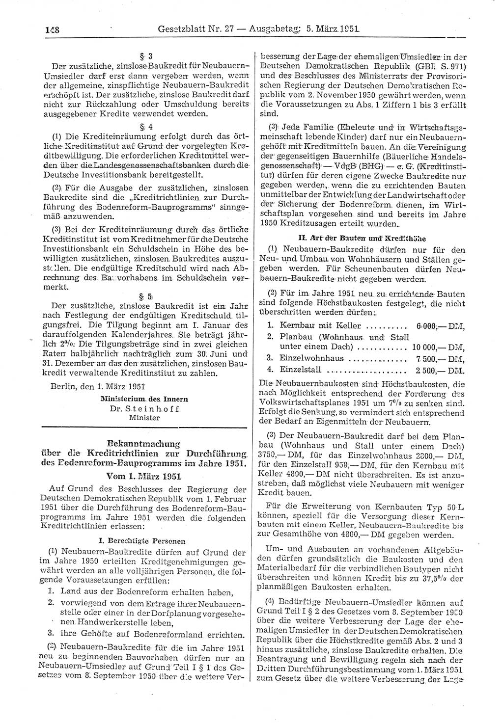 Gesetzblatt (GBl.) der Deutschen Demokratischen Republik (DDR) 1951, Seite 148 (GBl. DDR 1951, S. 148)