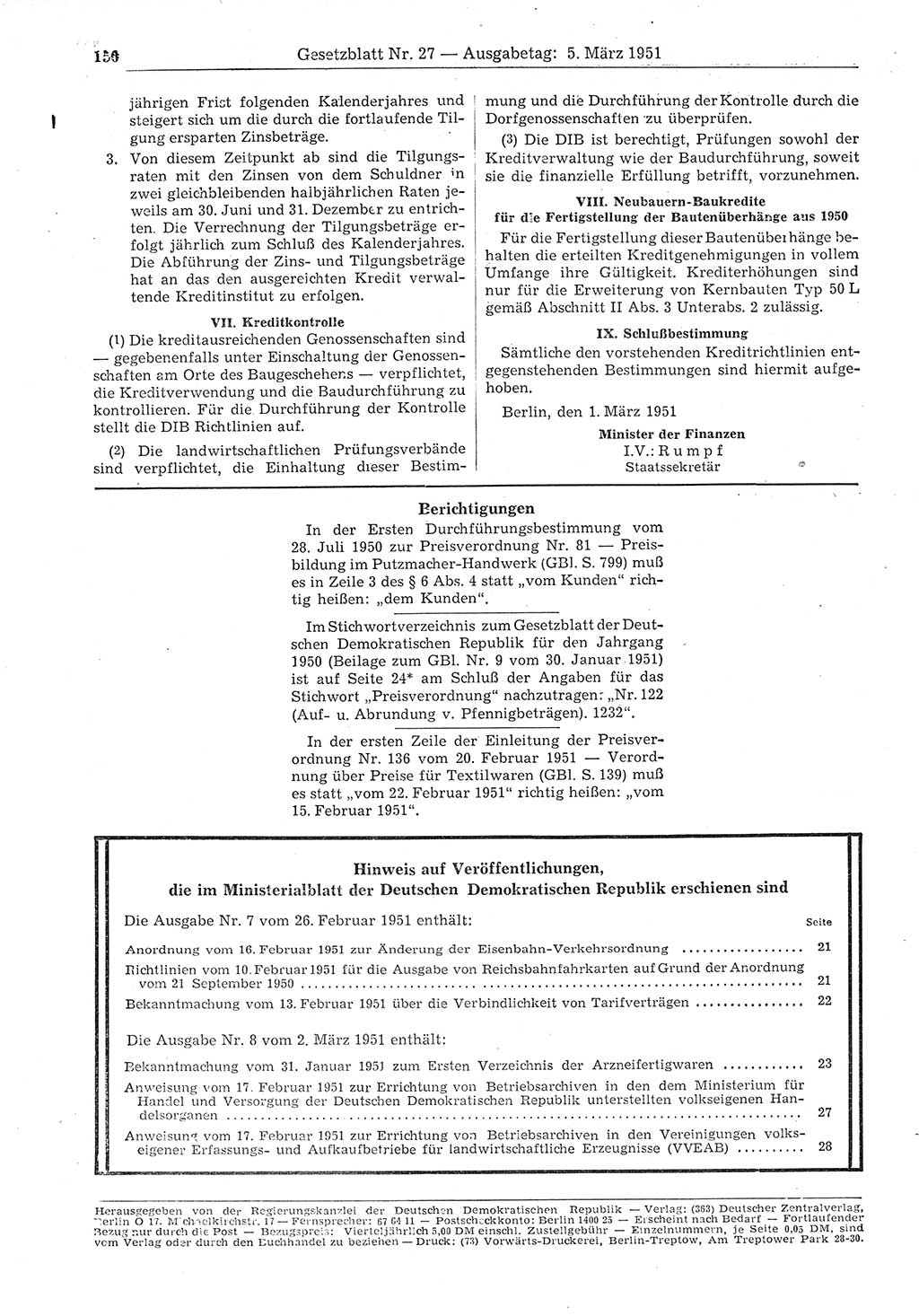 Gesetzblatt (GBl.) der Deutschen Demokratischen Republik (DDR) 1951, Seite 150 (GBl. DDR 1951, S. 150)