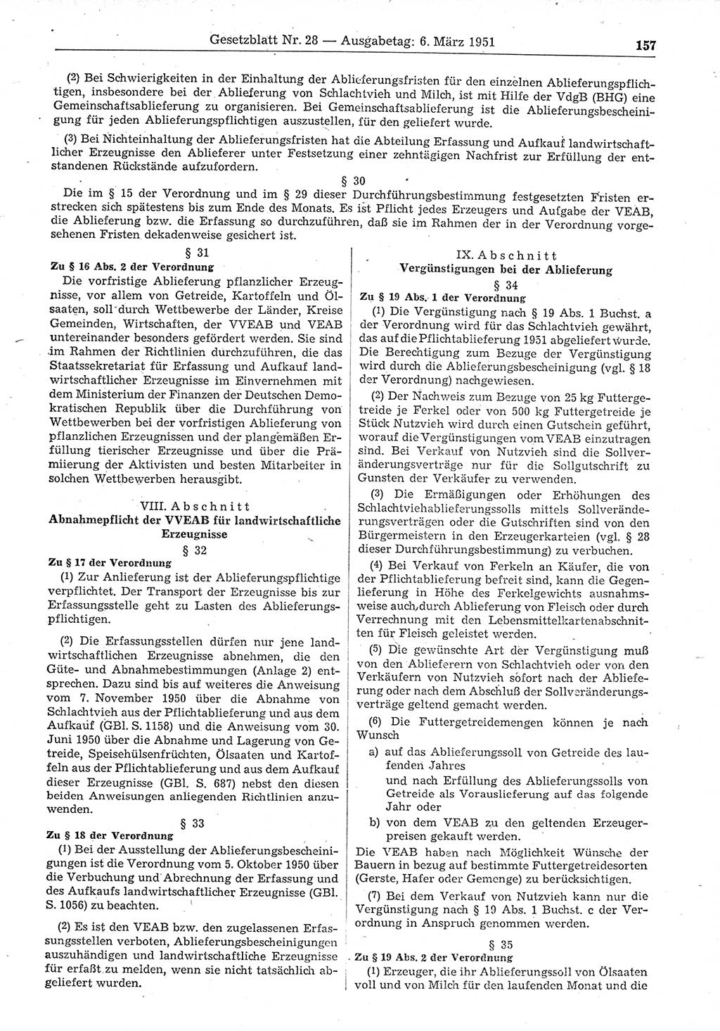 Gesetzblatt (GBl.) der Deutschen Demokratischen Republik (DDR) 1951, Seite 157 (GBl. DDR 1951, S. 157)