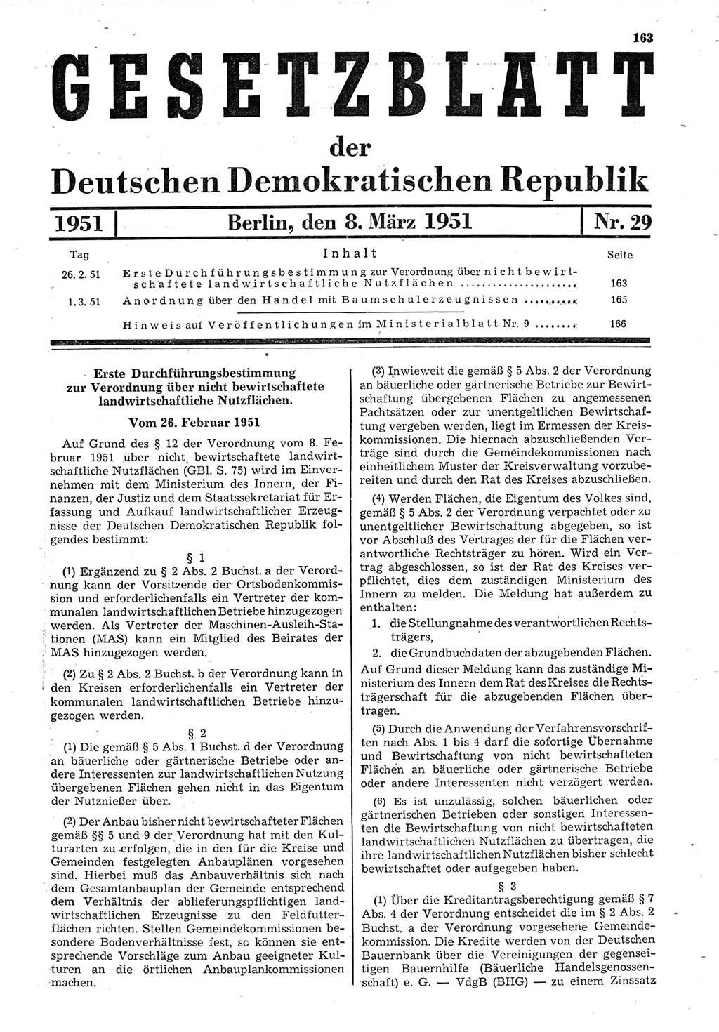 Gesetzblatt (GBl.) der Deutschen Demokratischen Republik (DDR) 1951, Seite 163 (GBl. DDR 1951, S. 163)