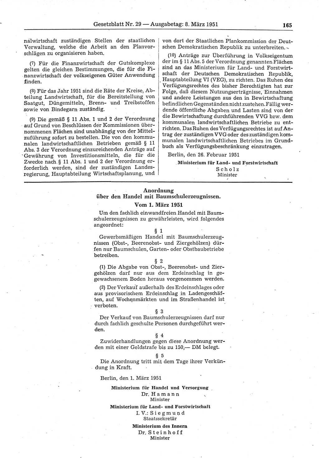 Gesetzblatt (GBl.) der Deutschen Demokratischen Republik (DDR) 1951, Seite 165 (GBl. DDR 1951, S. 165)