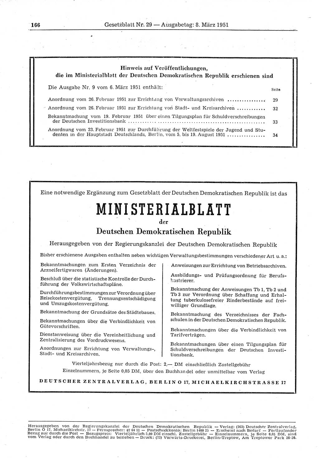 Gesetzblatt (GBl.) der Deutschen Demokratischen Republik (DDR) 1951, Seite 166 (GBl. DDR 1951, S. 166)