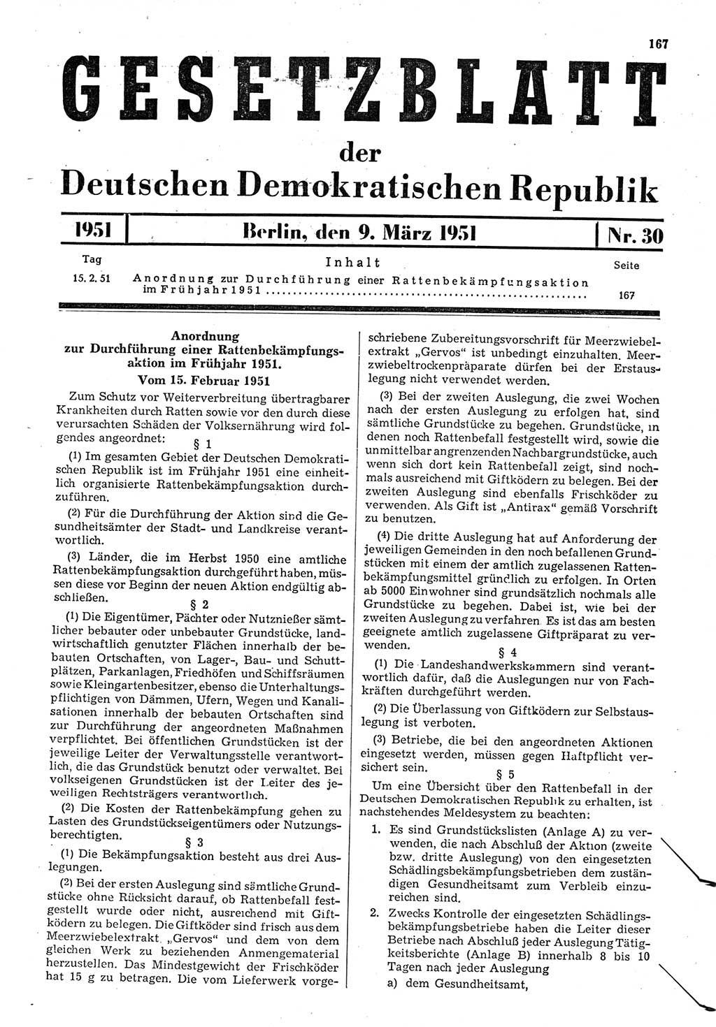 Gesetzblatt (GBl.) der Deutschen Demokratischen Republik (DDR) 1951, Seite 167 (GBl. DDR 1951, S. 167)
