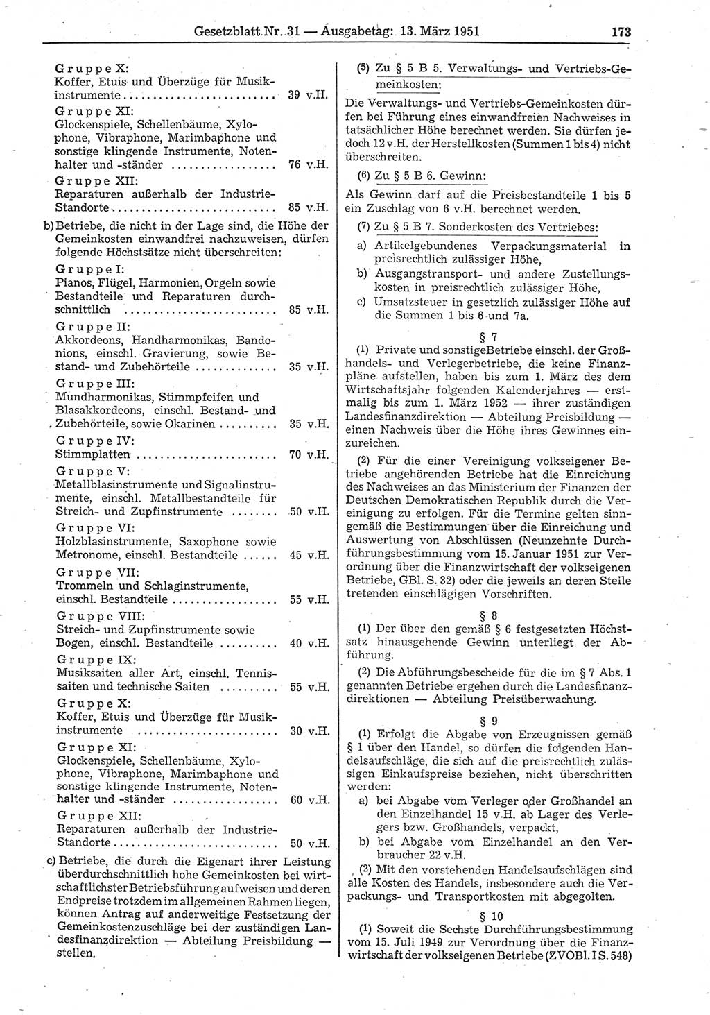 Gesetzblatt (GBl.) der Deutschen Demokratischen Republik (DDR) 1951, Seite 173 (GBl. DDR 1951, S. 173)