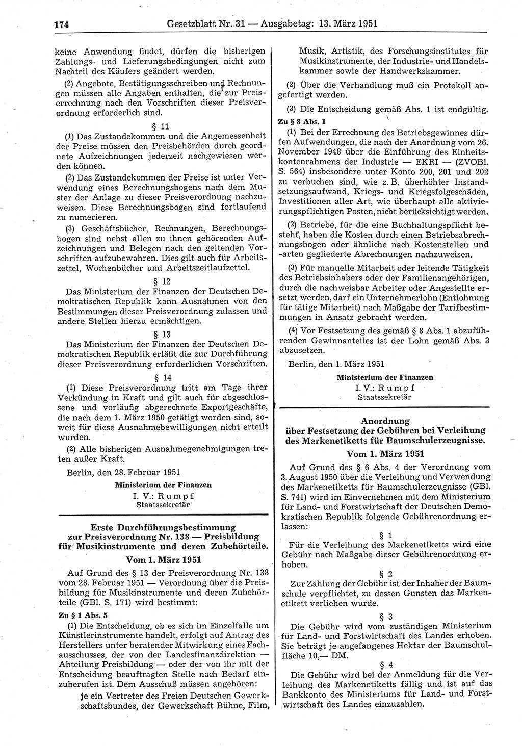Gesetzblatt (GBl.) der Deutschen Demokratischen Republik (DDR) 1951, Seite 174 (GBl. DDR 1951, S. 174)