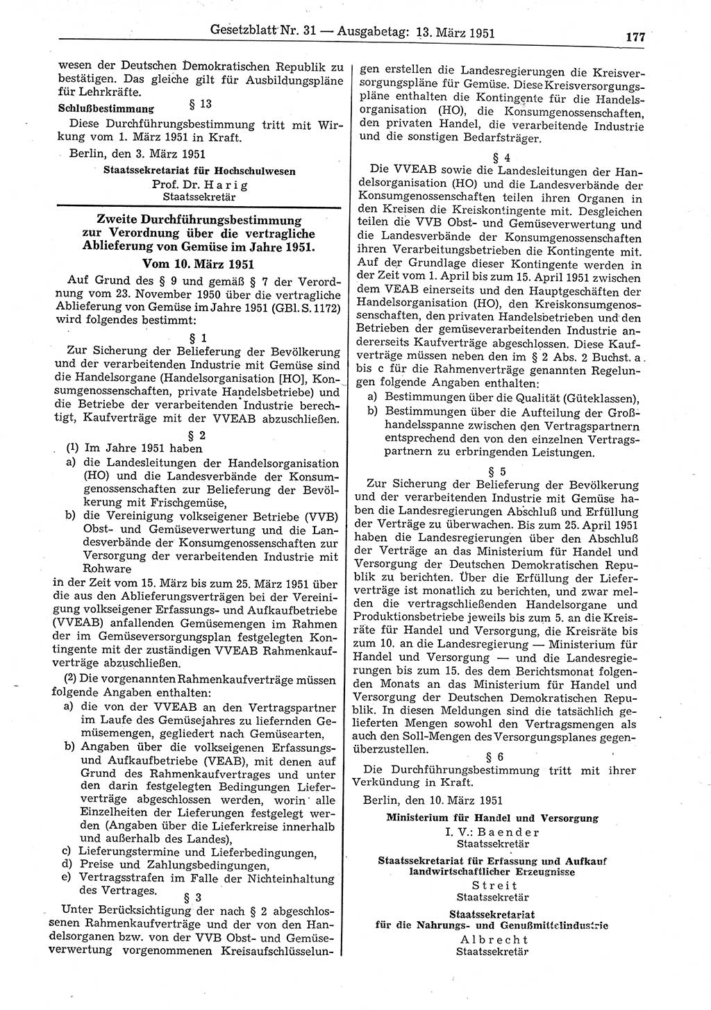 Gesetzblatt (GBl.) der Deutschen Demokratischen Republik (DDR) 1951, Seite 177 (GBl. DDR 1951, S. 177)