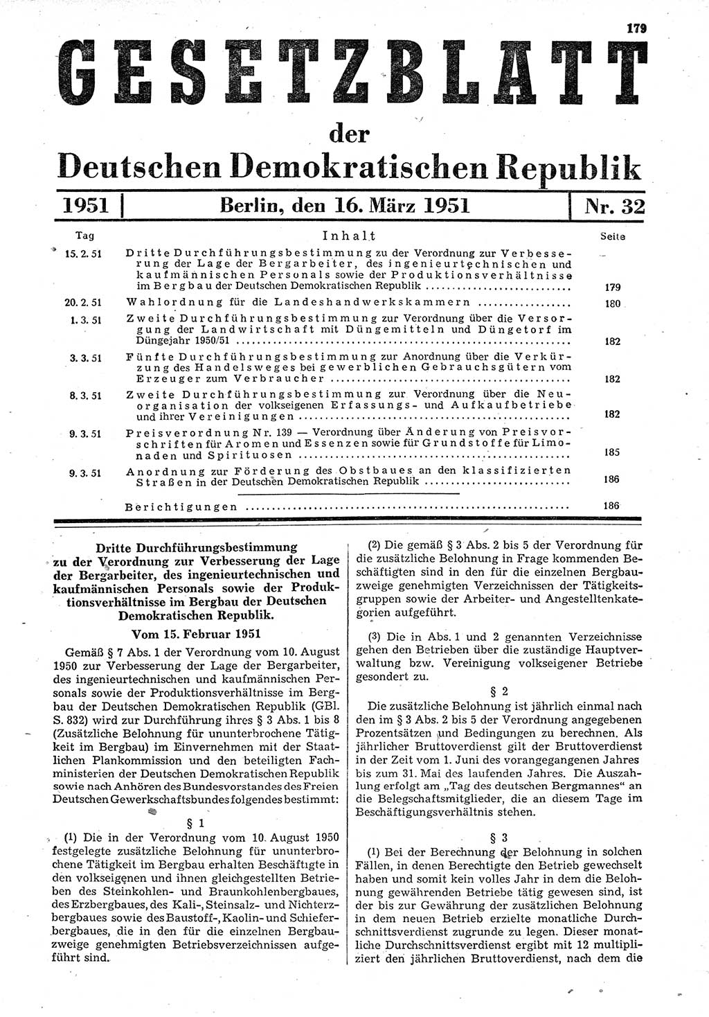 Gesetzblatt (GBl.) der Deutschen Demokratischen Republik (DDR) 1951, Seite 179 (GBl. DDR 1951, S. 179)