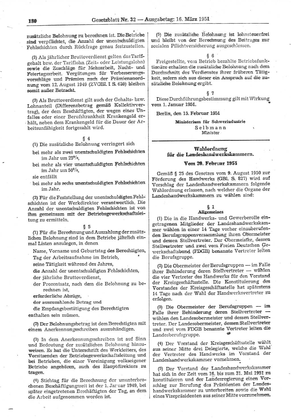 Gesetzblatt (GBl.) der Deutschen Demokratischen Republik (DDR) 1951, Seite 180 (GBl. DDR 1951, S. 180)
